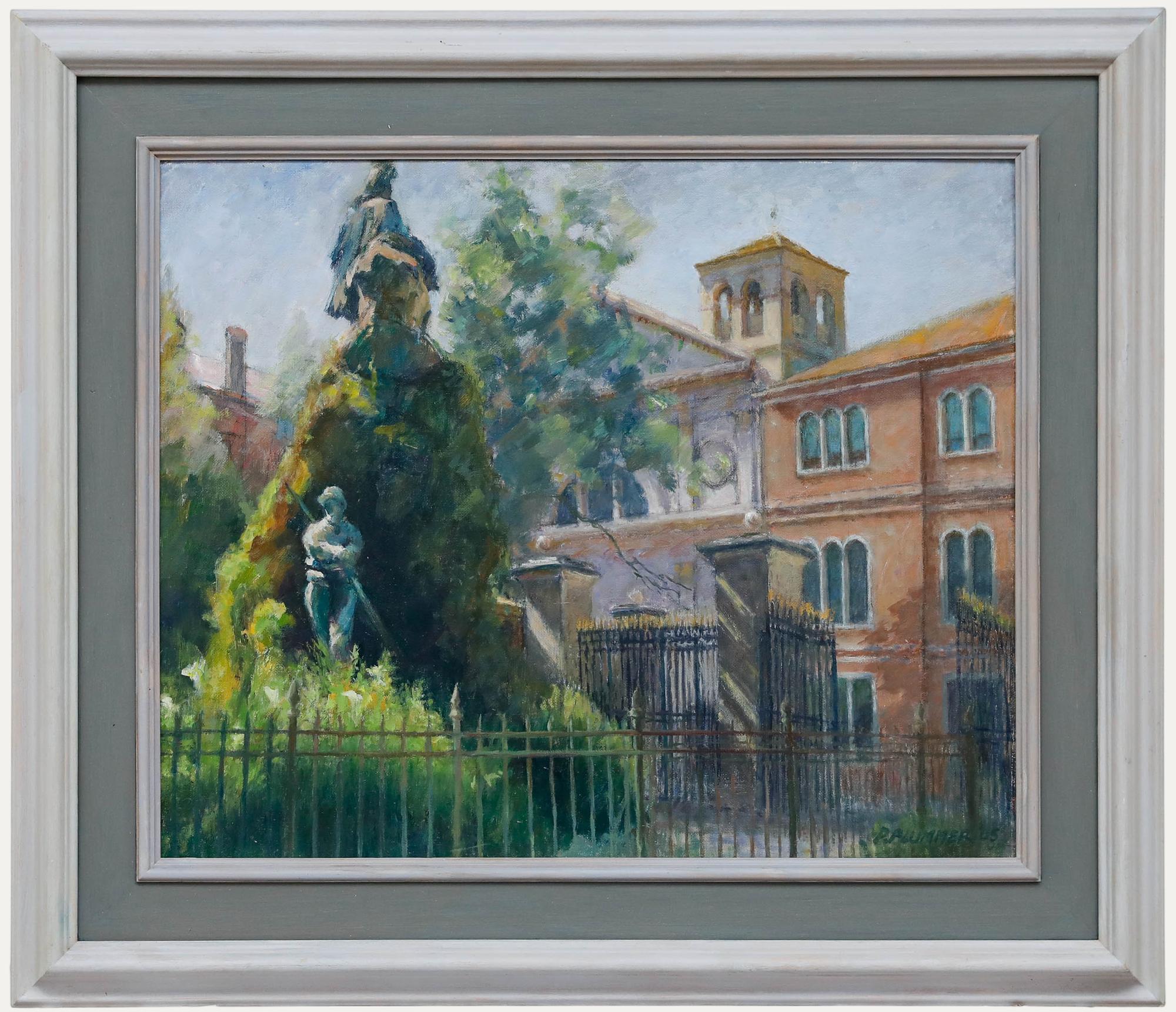 Ein Original-Ölgemälde von Pauline Plummer (geb. 1933), das das Garibaldi-Denkmal von Augusto Benvenuti in Venedig, Italien, darstellt. Gut präsentiert in einem bemalten Holzrahmen. Signiert unten rechts und datiert '05. Auf Leinwandträgern. 