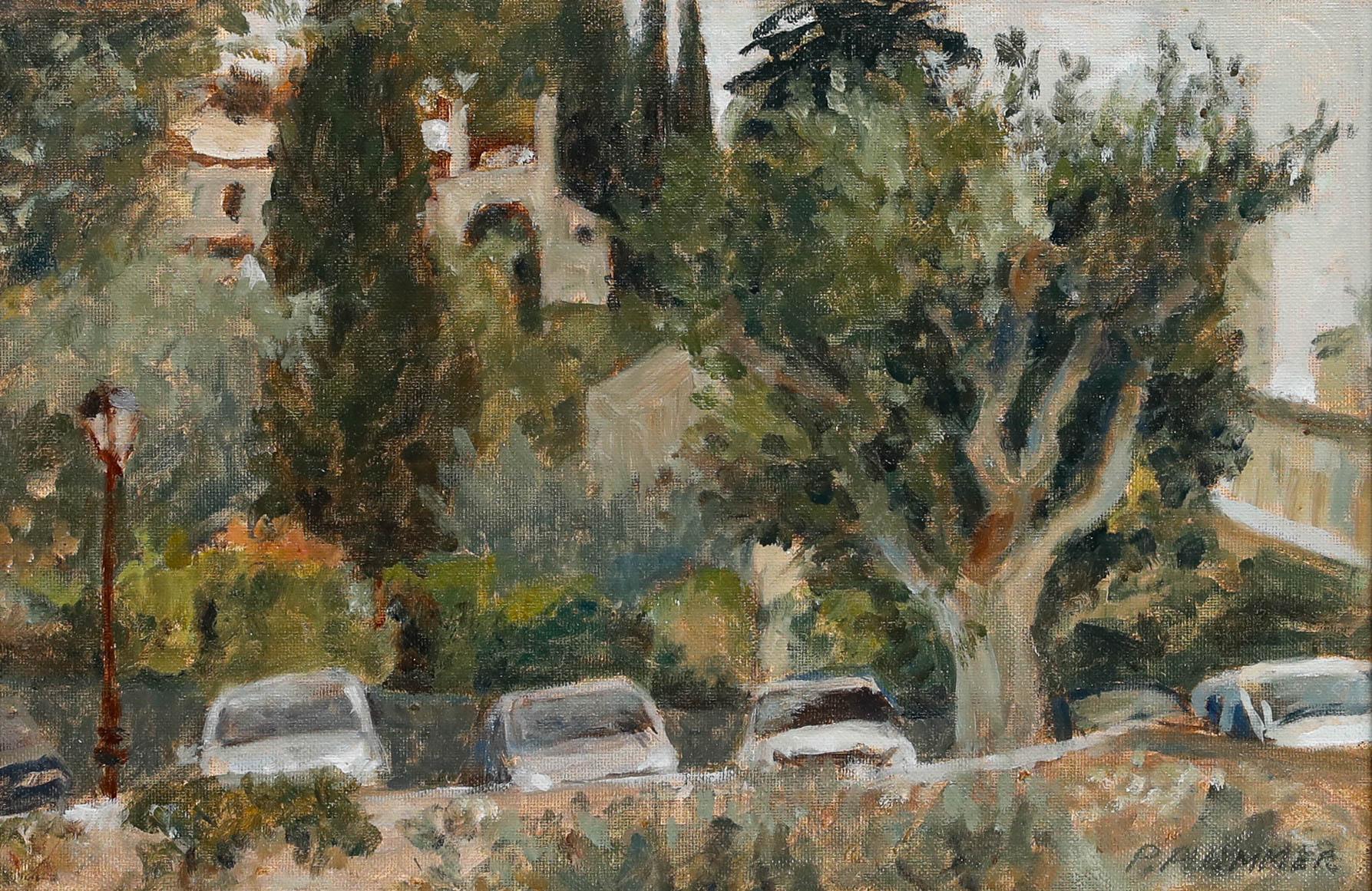 Pauline Plummer (geb. 1933) - Gerahmtes zeitgenössisches Öl, Blick über den Parkplatz im Angebot 1