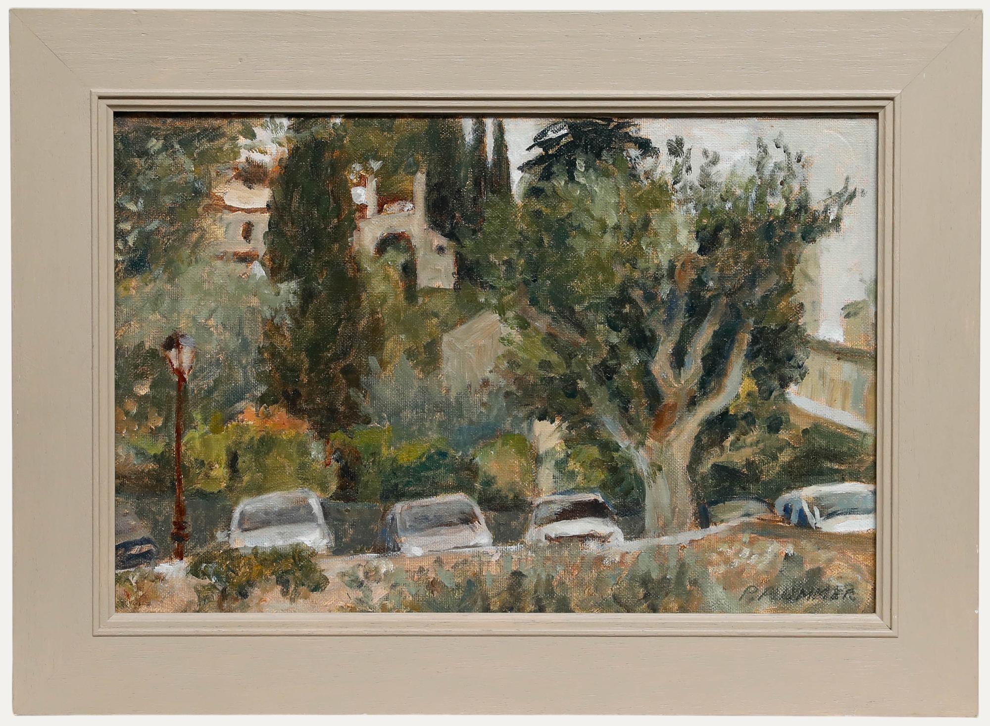 Pauline Plummer (geb. 1933) - Gerahmtes zeitgenössisches Öl, Blick über den Parkplatz