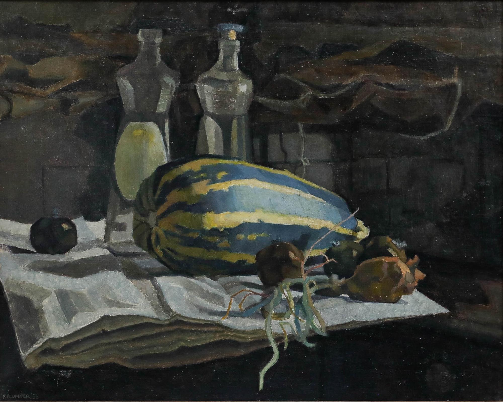 Pauline Plummer (geb. 1933) - Gerahmtes Öl aus der Mitte des 20. Jahrhunderts, Kürbis im Keller im Angebot 1