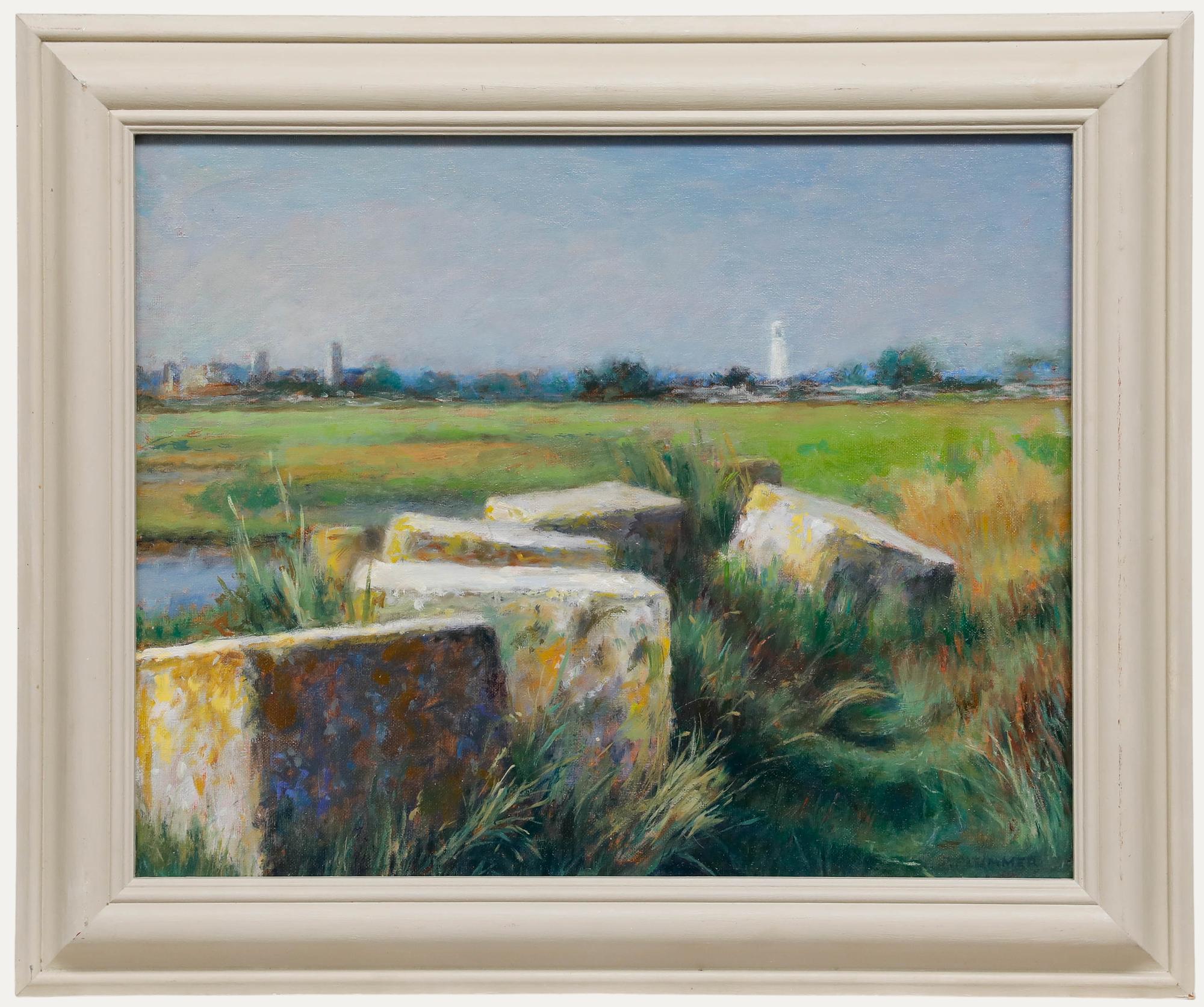 Eine impressionistische Landschaftsstudie der Künstlerin Pauline Plummer (geb. 1933). Signiert unten rechts. Präsentiert in einem bemalten Holzrahmen.