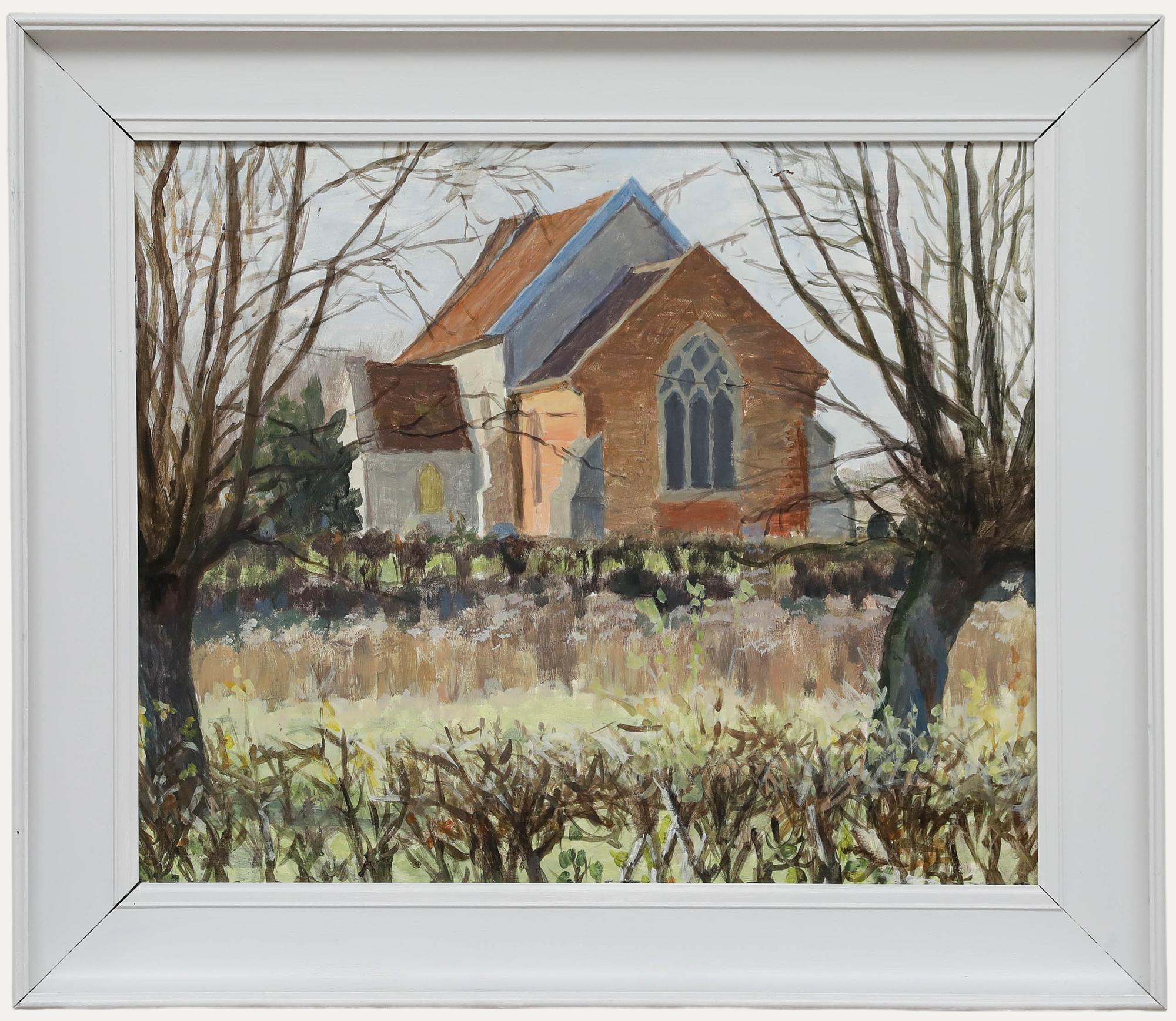 Un óleo original de Pauline Plummer (nacida en 1933), que representa una vista de la iglesia de San Andrews, en Redlingfield. Bien presentado en un marco de madera pintada. A bordo. 