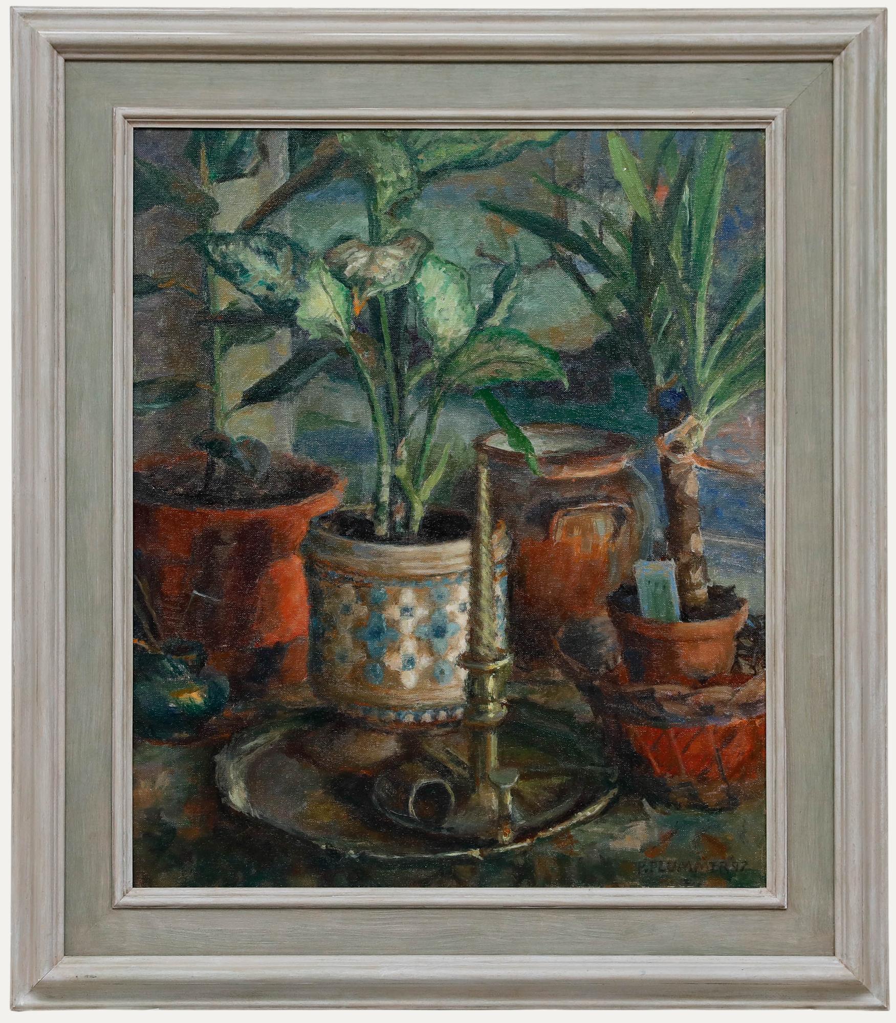Ein Original-Ölgemälde von Pauline Plummer (geb. 1933), das ein Stilleben mit getopften Zimmerpflanzen und einem Kerzenständer aus Messing zeigt. Gut präsentiert in einem bemalten Holzrahmen. Signiert unten rechts und datiert '97. Auf
