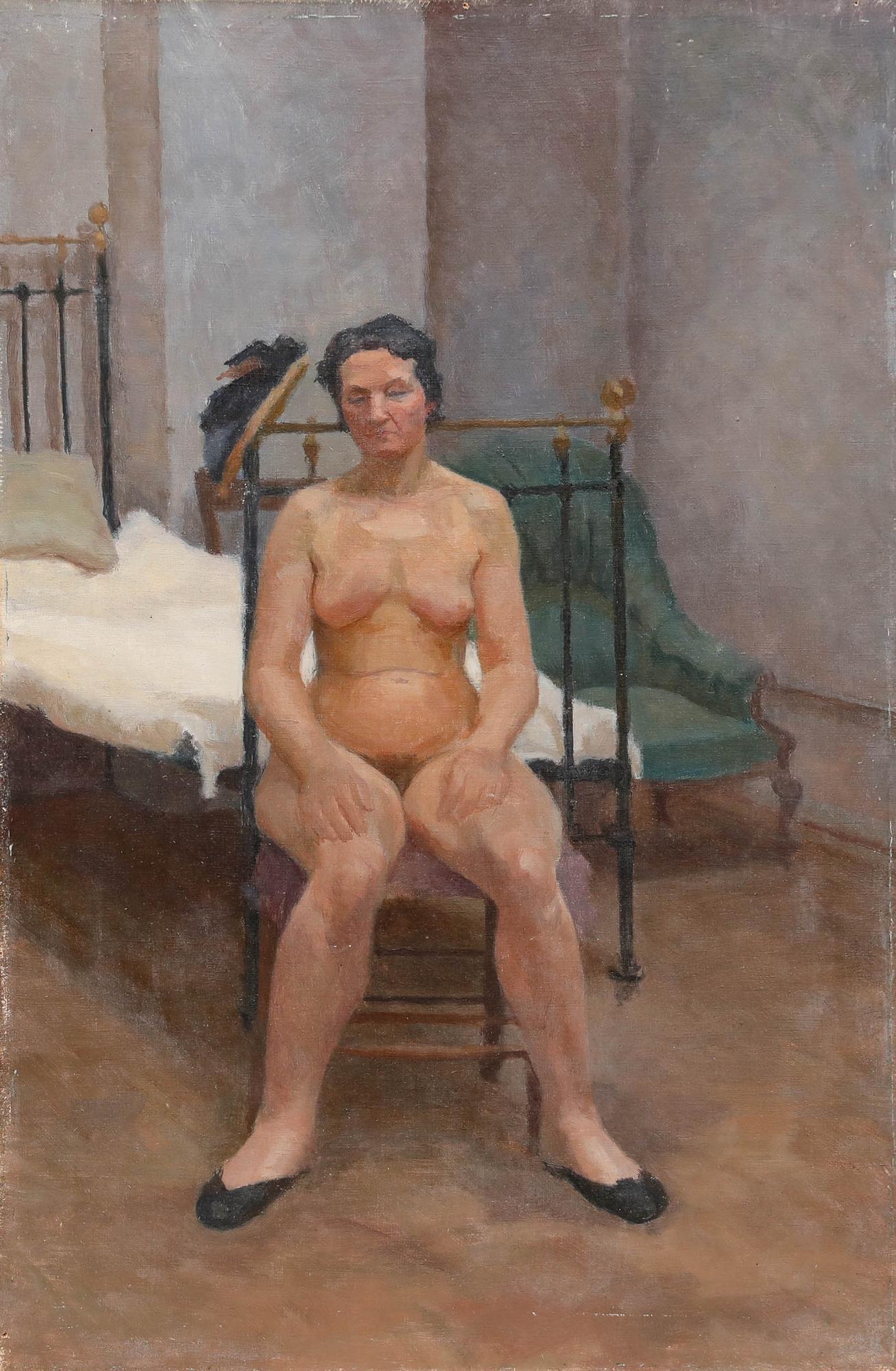 Pauline Plummer (n.1933) - Mediados del siglo XX Óleo, Desnudo en el dormitorio en venta 1