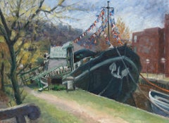 Pauline Plummer (née en 1933) - Milieu du XXe siècle Huile, Restaurant à flot