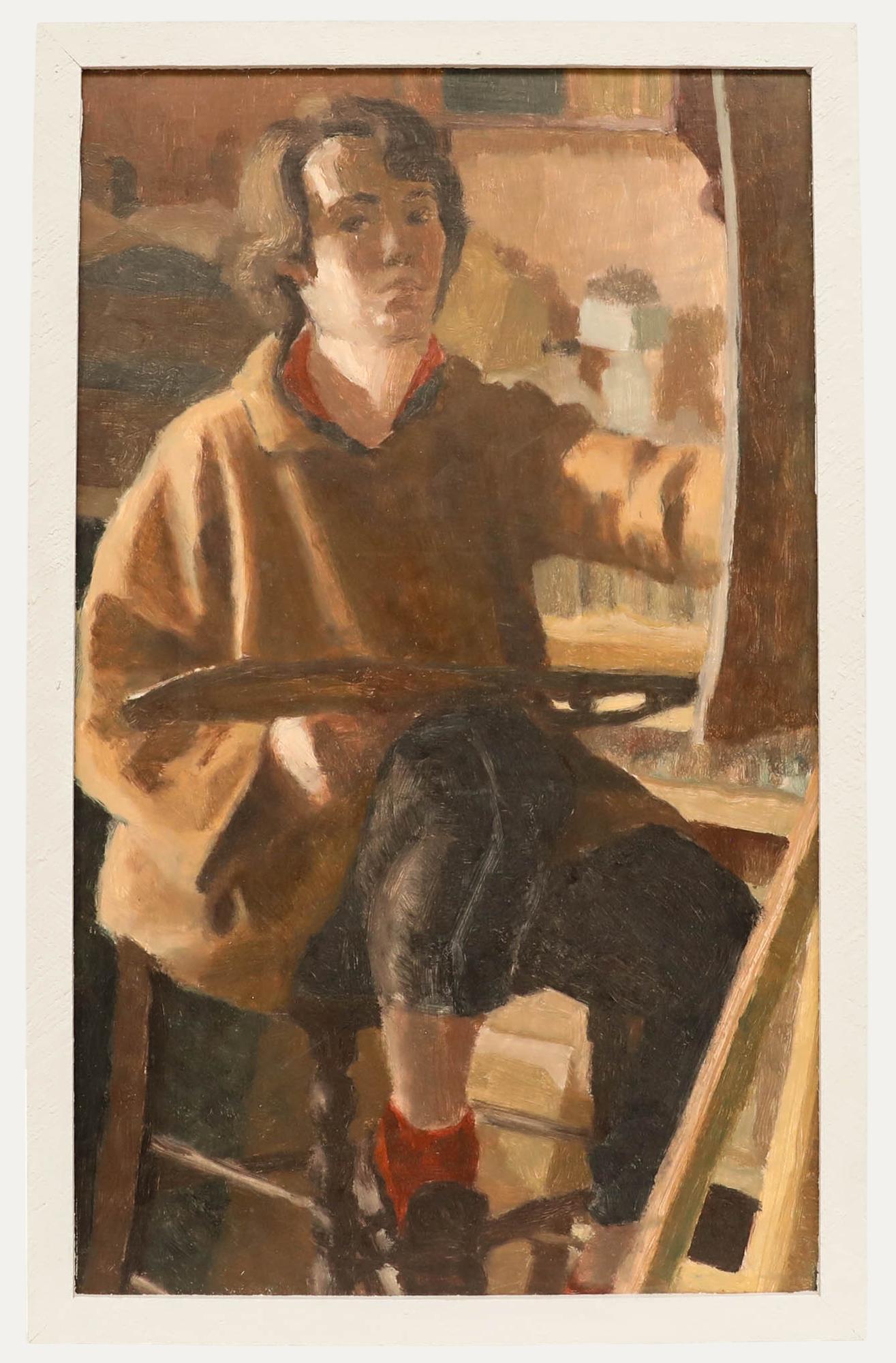 An intimate self-portrait, rendered in neutral tones with loose, impressionistic brushstrokes. Well presented in a rustic frame affixed to the painting. Although the artwork is unsigned, it was purchased alongside a larger collection of works by the