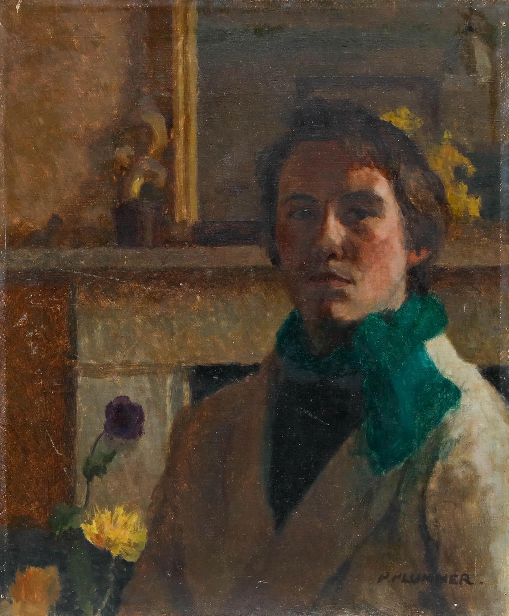 Pauline Plummer (née en 1933) - Huile, Portrait de l'artiste à l'écharpe verte en vente 1