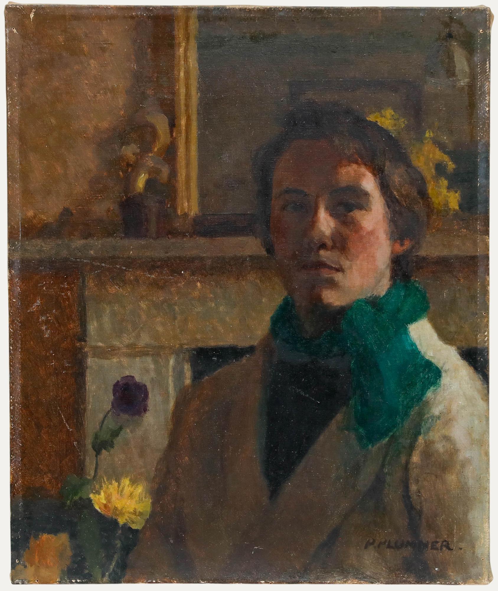Pauline Plummer (née en 1933) - Huile, Portrait de l'artiste à l'écharpe verte
