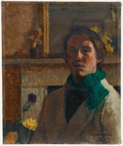 Pauline Plummer (née en 1933) - Huile, Portrait de l'artiste à l'écharpe verte