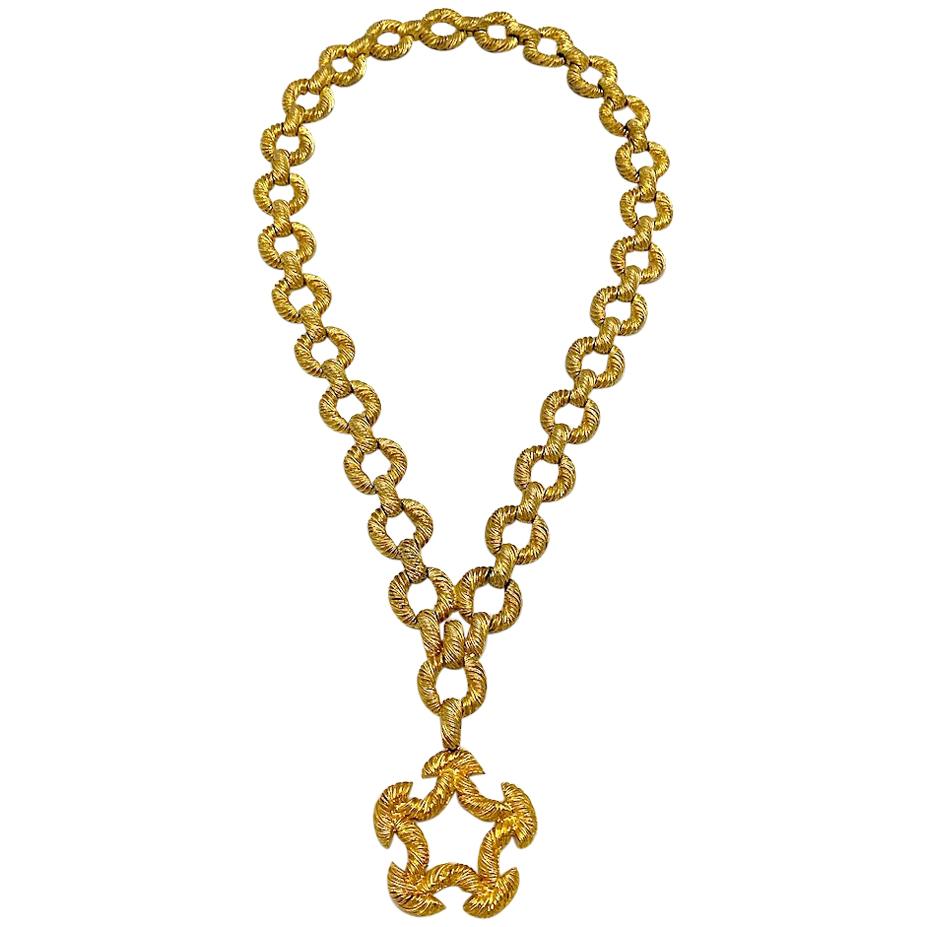 Pauline Rader 1970s Long Gold Rope Link Pendant Necklace