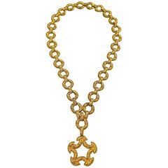 Vintage Pauline Rader 1970s Long Gold Rope Link Pendant Necklace