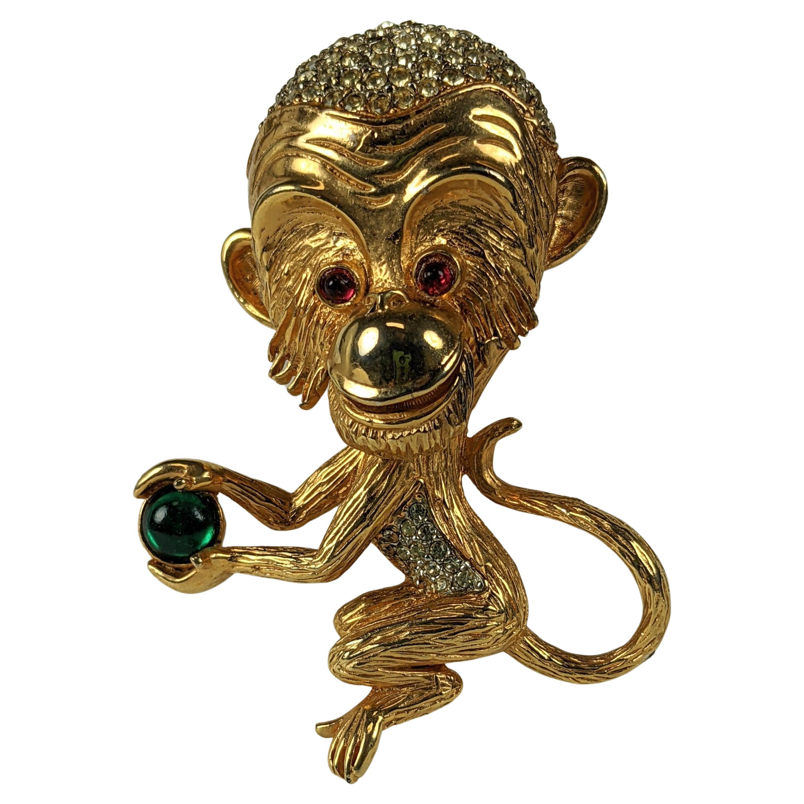 Adorable novelty Pauline Rader Chattering Monkey Brooch from the 1960's. The lower jaw is set with a trembling spring so the money's mouth is always moving. Unusual and charming. 3