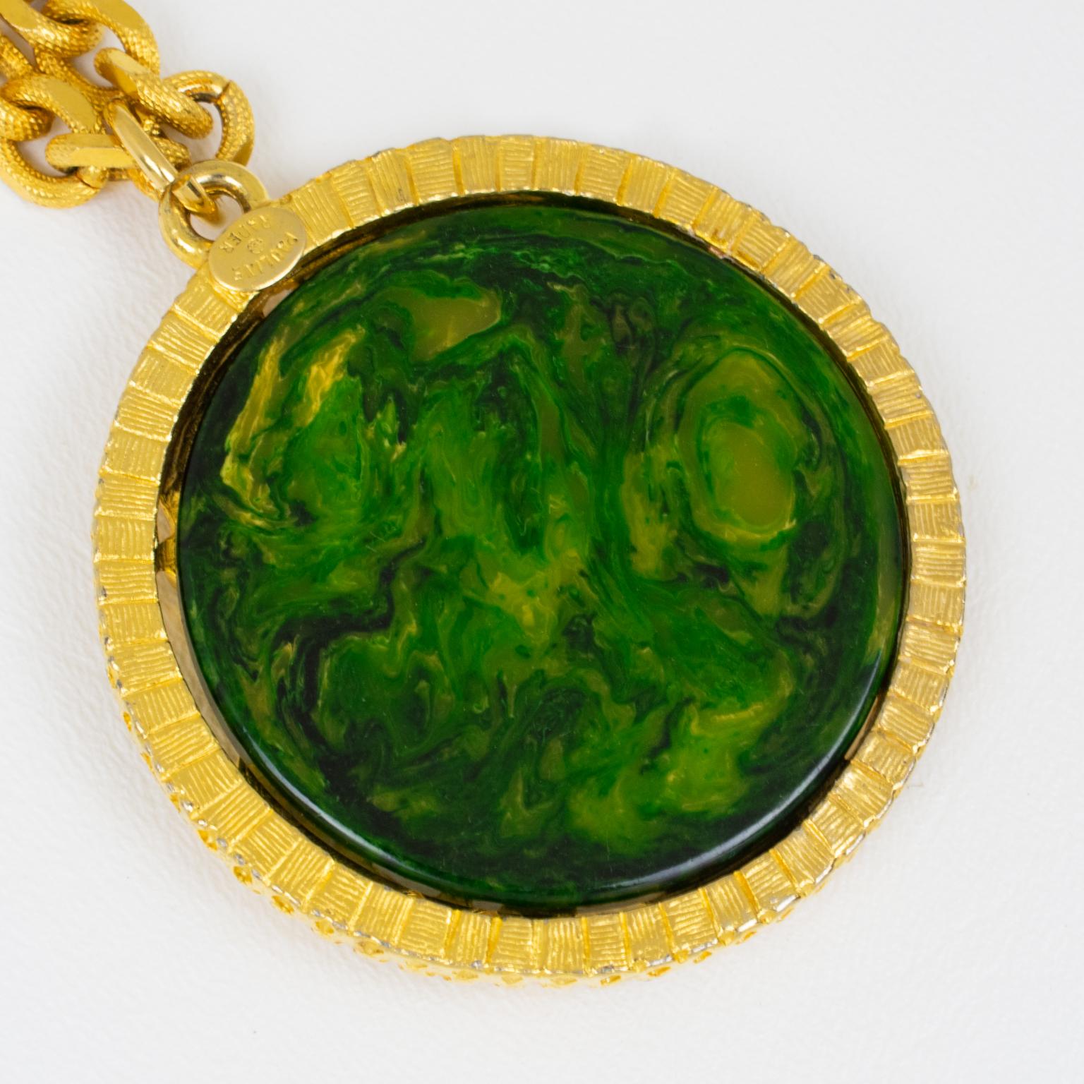 Pauline Rader Gilt Metal Necklace with Centaur Pendant and Green Bakelite, 1970s For Sale 5