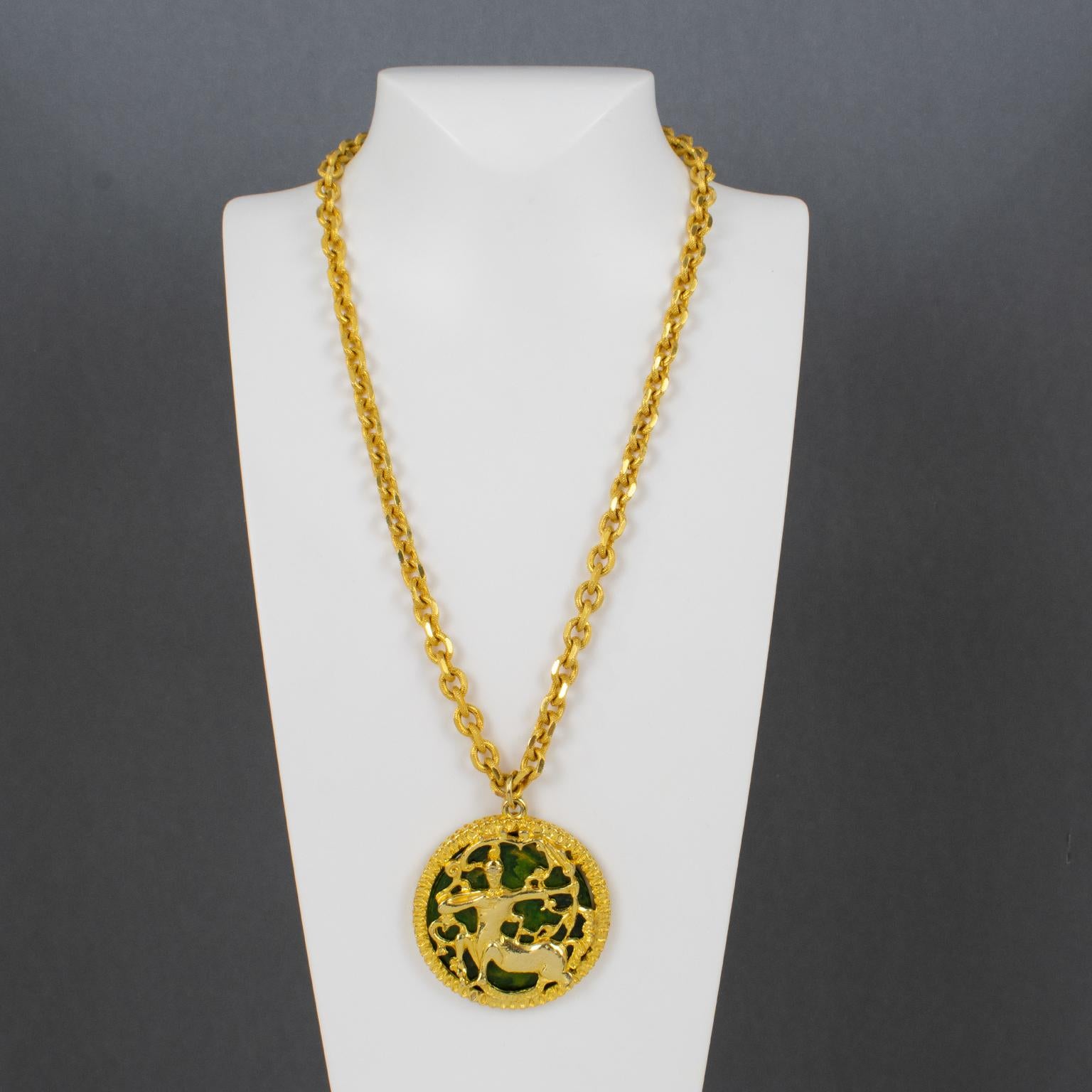 Modern Pauline Rader Gilt Metal Necklace with Centaur Pendant and Green Bakelite, 1970s For Sale