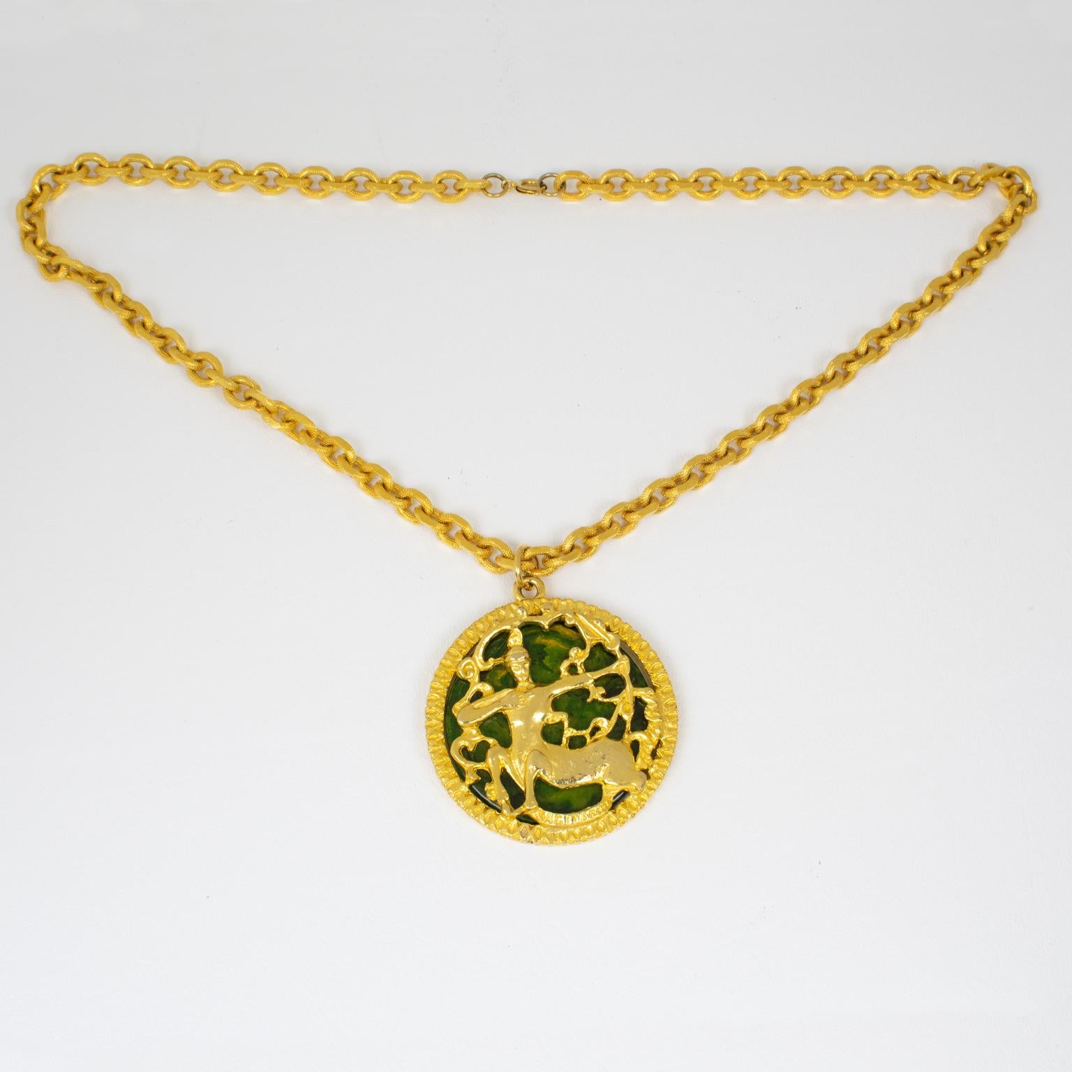 Pauline Rader Gilt Metal Necklace with Centaur Pendant and Green Bakelite, 1970s In Good Condition For Sale In Atlanta, GA