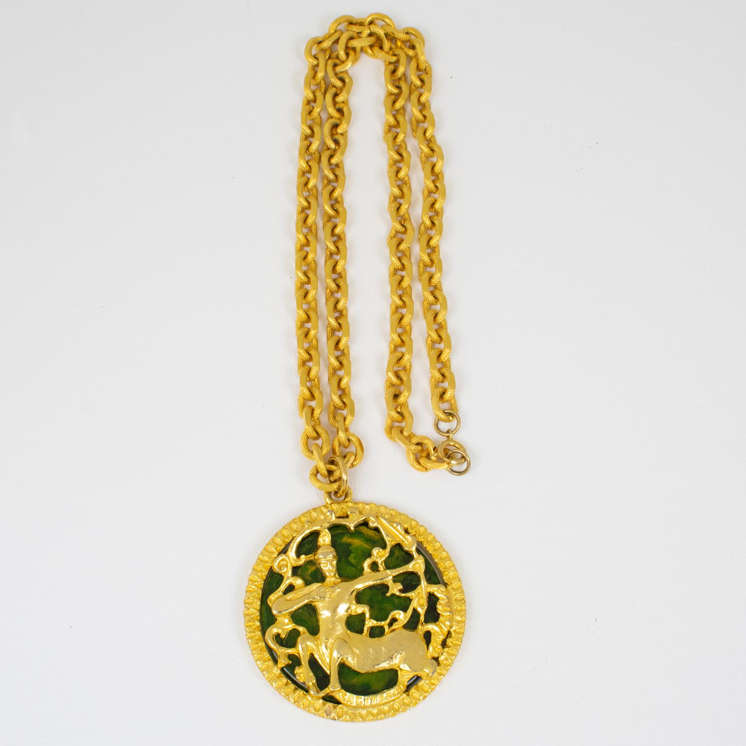 Women's Pauline Rader Gilt Metal Necklace with Centaur Pendant and Green Bakelite, 1970s For Sale