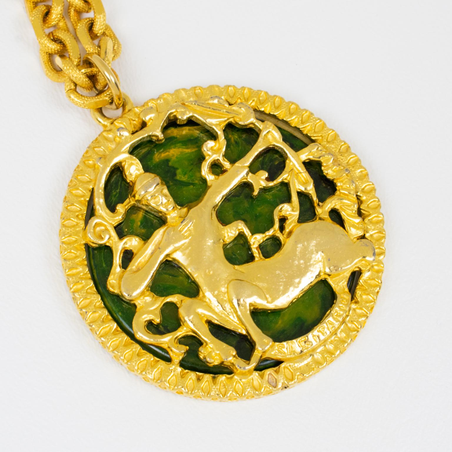 Pauline Rader Gilt Metal Necklace with Centaur Pendant and Green Bakelite, 1970s For Sale 3