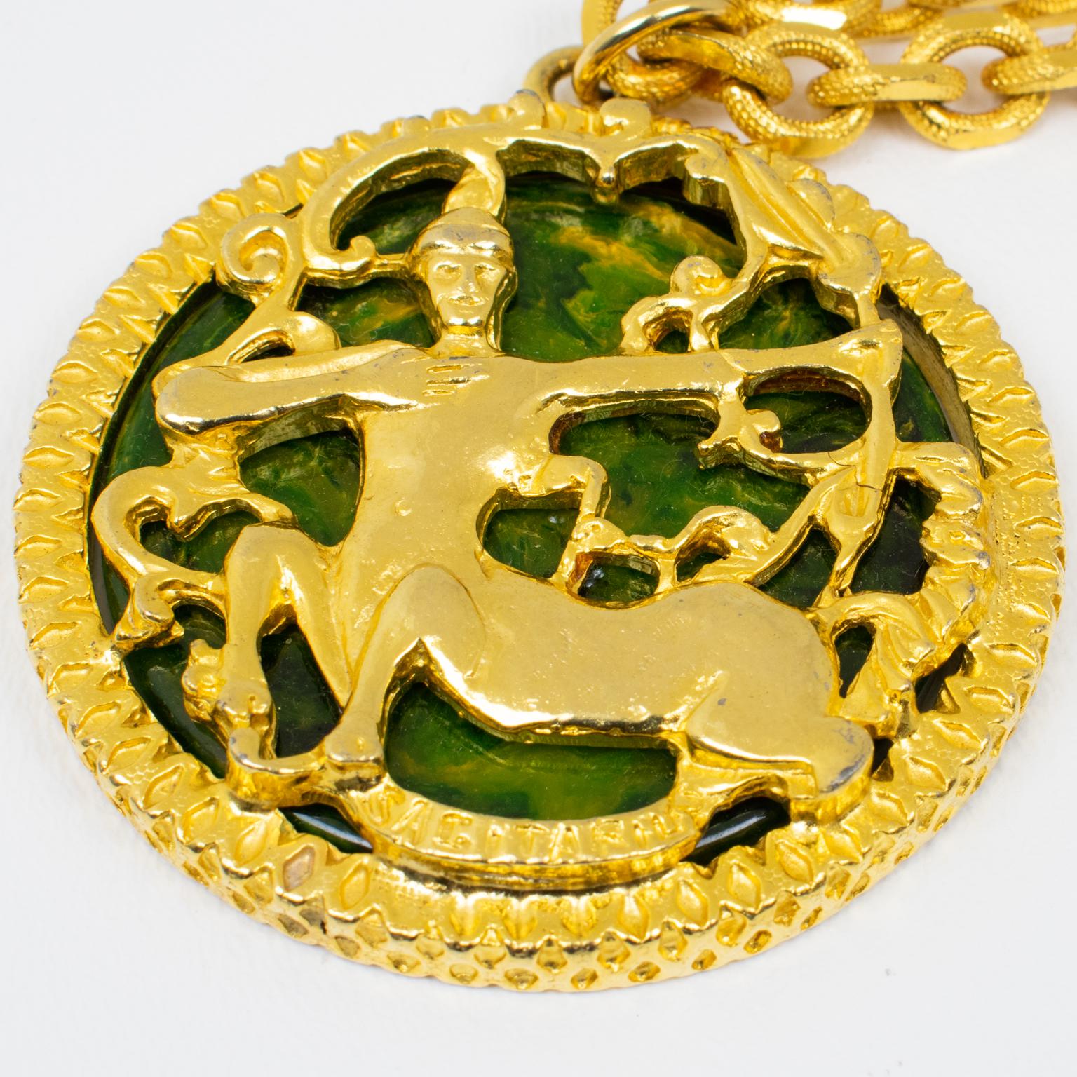 Pauline Rader Gilt Metal Necklace with Centaur Pendant and Green Bakelite, 1970s For Sale 4