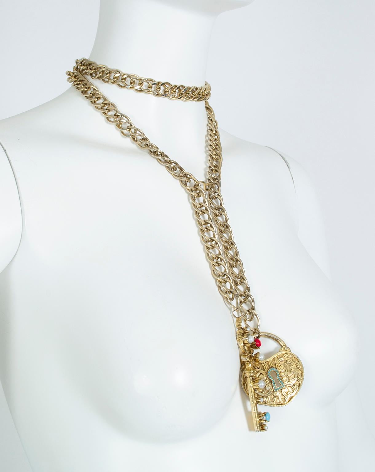 Pauline Rader Gold Lock and Key to My Heart Chain Belt Necklace – XS-S, 1960s For Sale 4