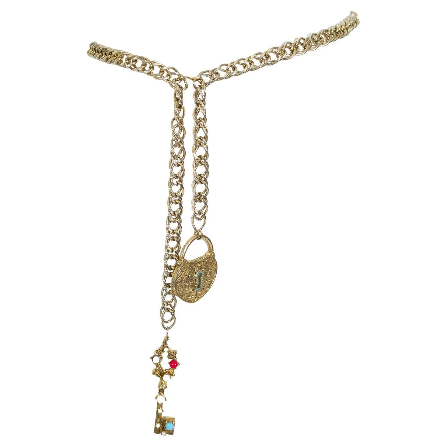 Pauline Rader Gold Lock and Key to My Heart Chain Belt Necklace – XS-S, 1960s
