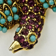 Pauline Rader Gold Plated Amethyst Rhinestone and Turquoise Glass Bird Brooch
