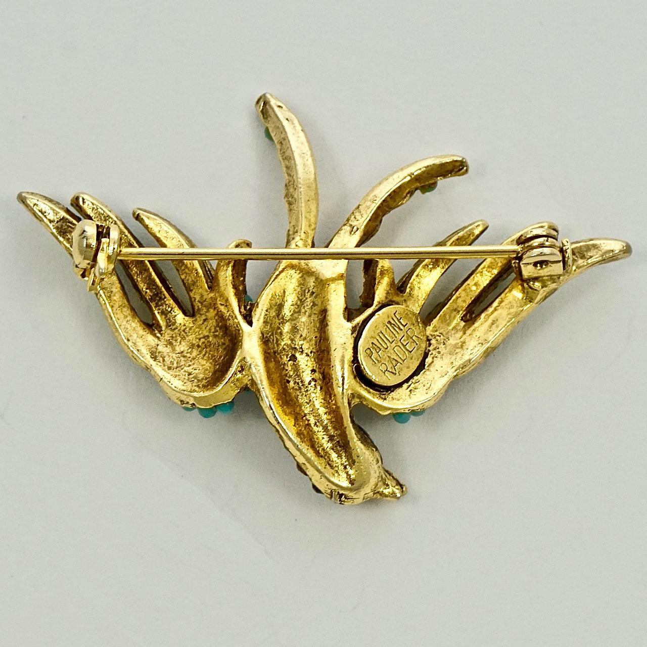 Pauline Rader Gold Plated Amethyst Rhinestone and Turquoise Glass Bird Brooch In Good Condition For Sale In London, GB