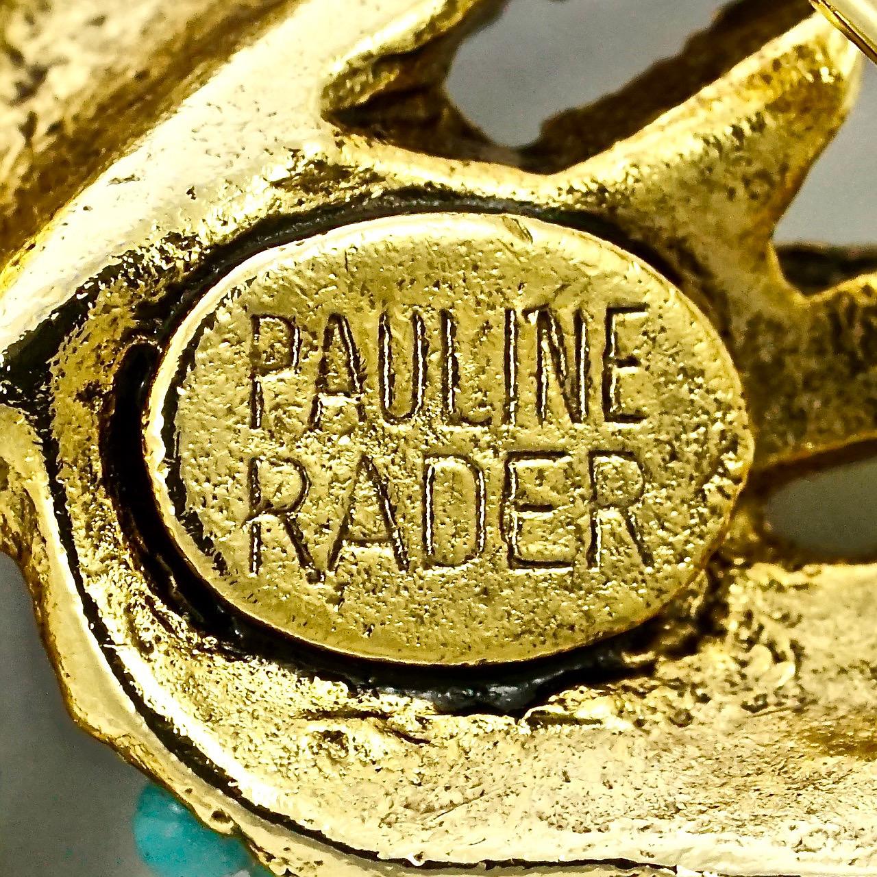 Women's or Men's Pauline Rader Gold Plated Amethyst Rhinestone and Turquoise Glass Bird Brooch For Sale