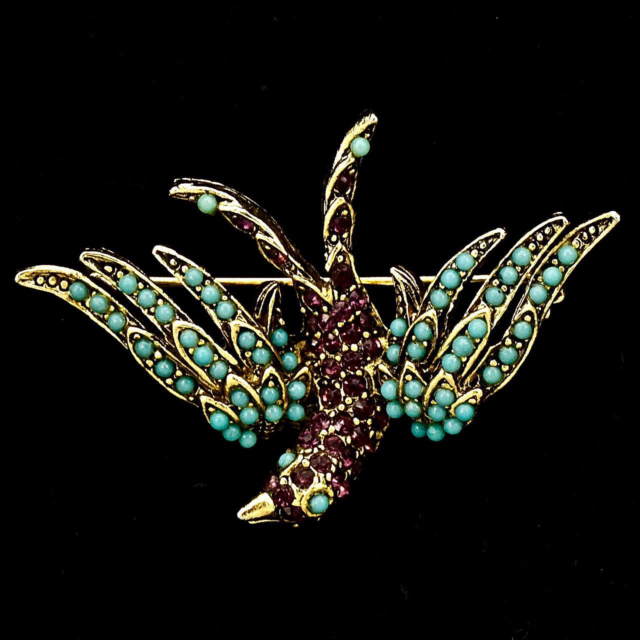 Pauline Rader Gold Plated Amethyst Rhinestone and Turquoise Glass Bird Brooch For Sale 1