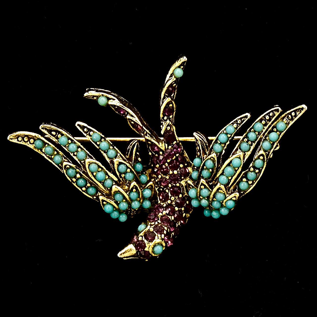 Pauline Rader Gold Plated Amethyst Rhinestone and Turquoise Glass Bird Brooch For Sale 2