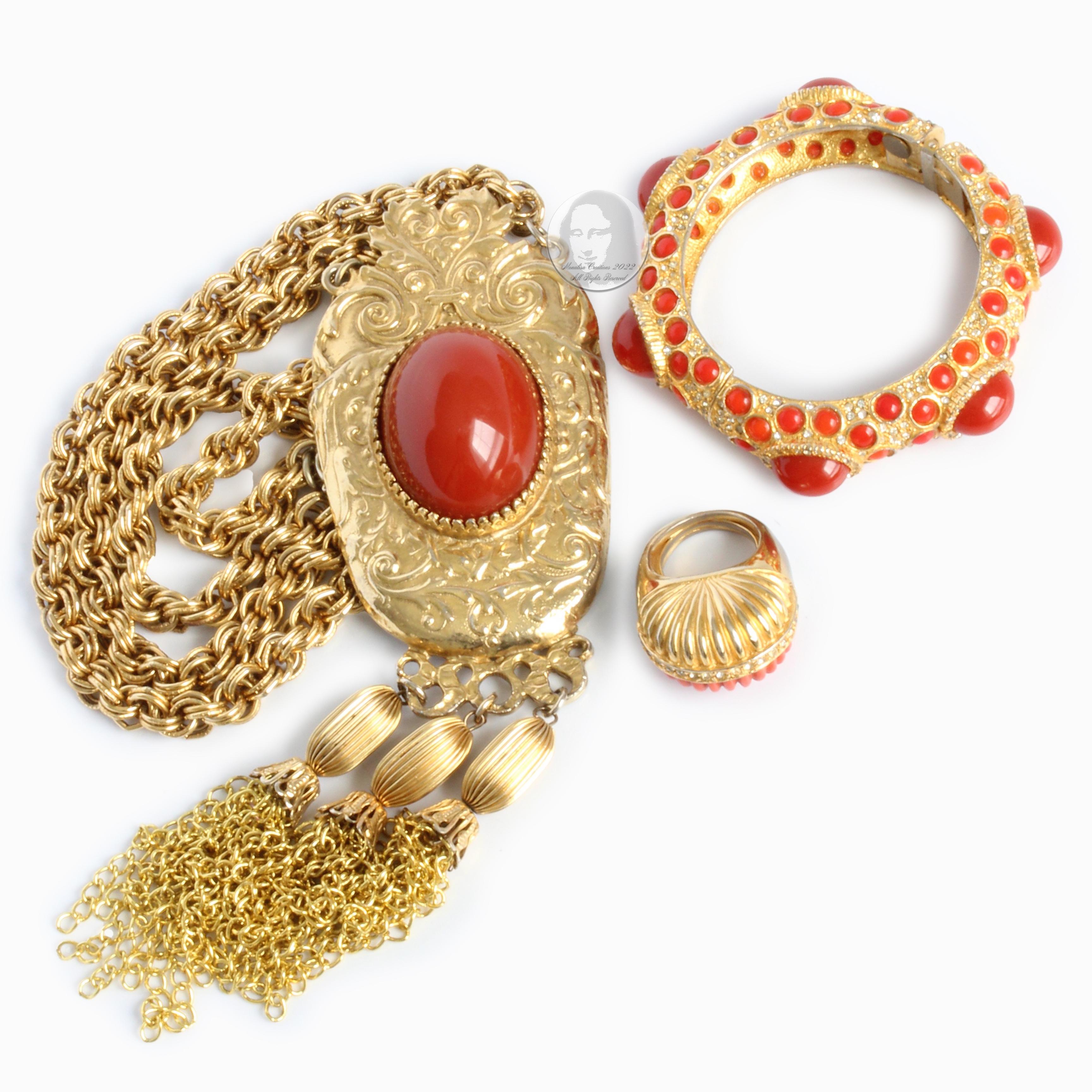 Vintage Pauline Rader 3pc jewelry set: oversized Carnelian & Gold Metal Pendant necklace with gold chain fringe, rhinestone & Carnelian stone clamper bracelet and oversized Carnelian and gold metal cocktail ring. A rare and opulent set!  Pendant