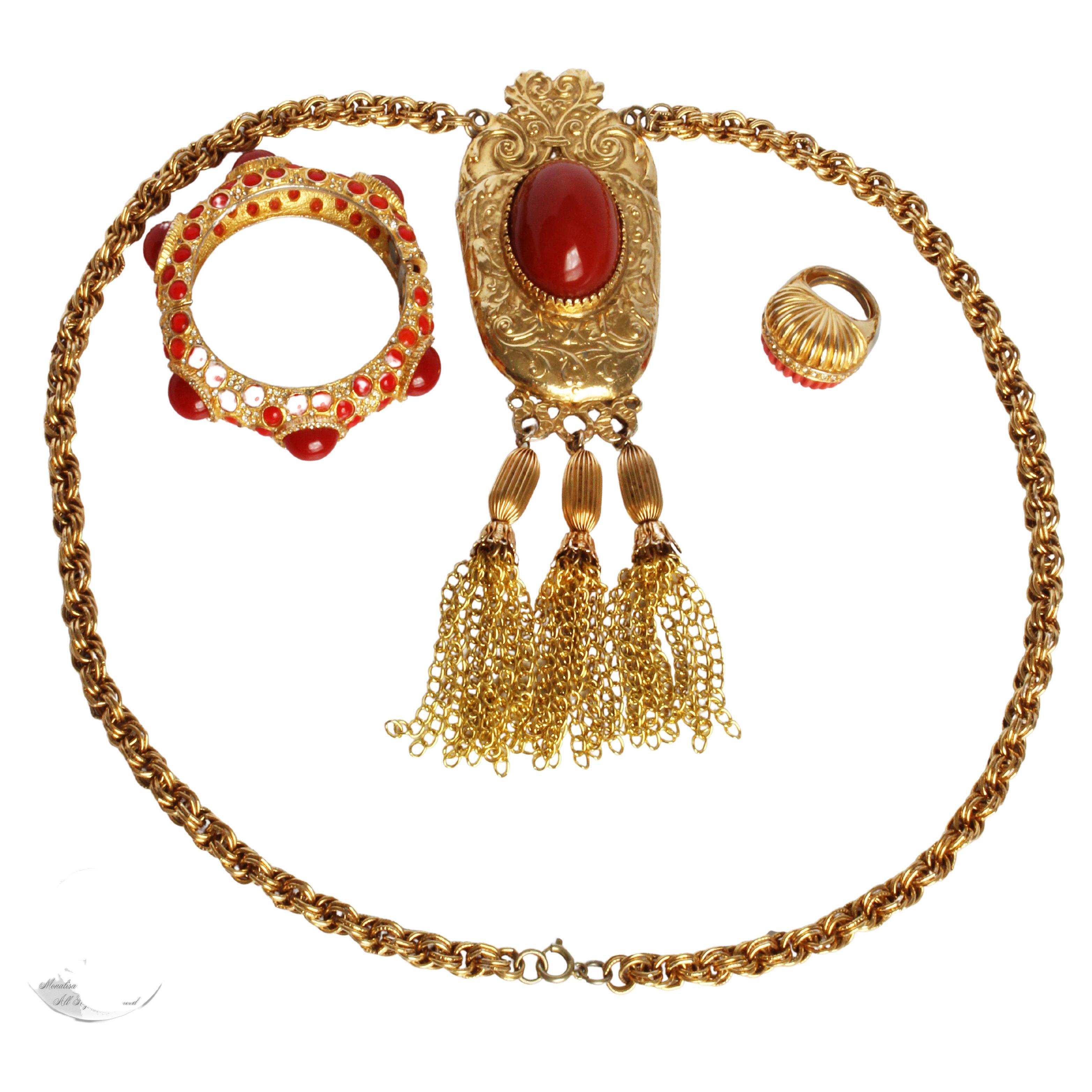 Pauline Rader Jewelry Set Pendant Necklace, Clamper Bracelet + Ring Vintage 70s For Sale