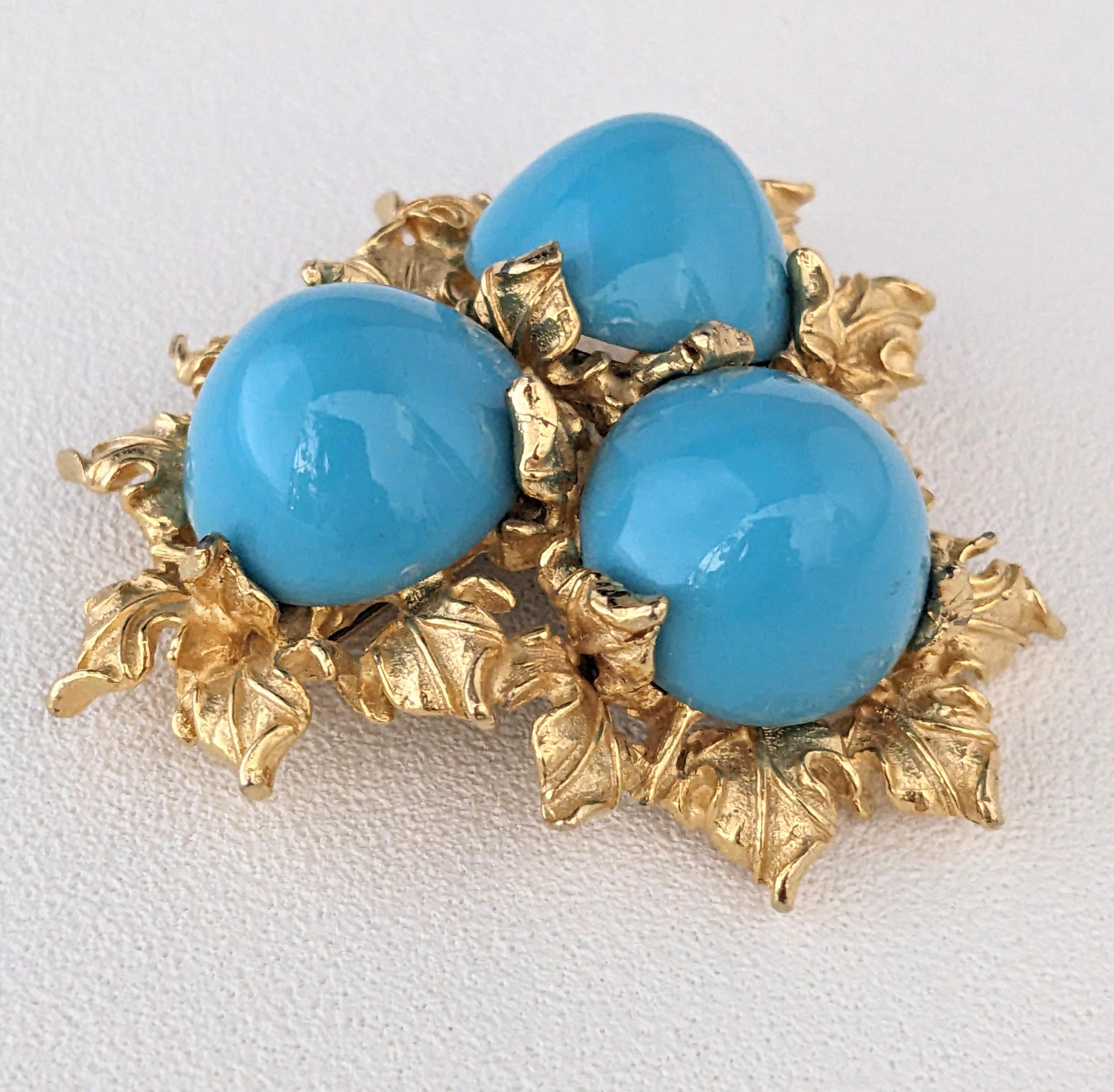 Pauline Rader Broche Foliado Cabujón Turquesa Artesano en venta