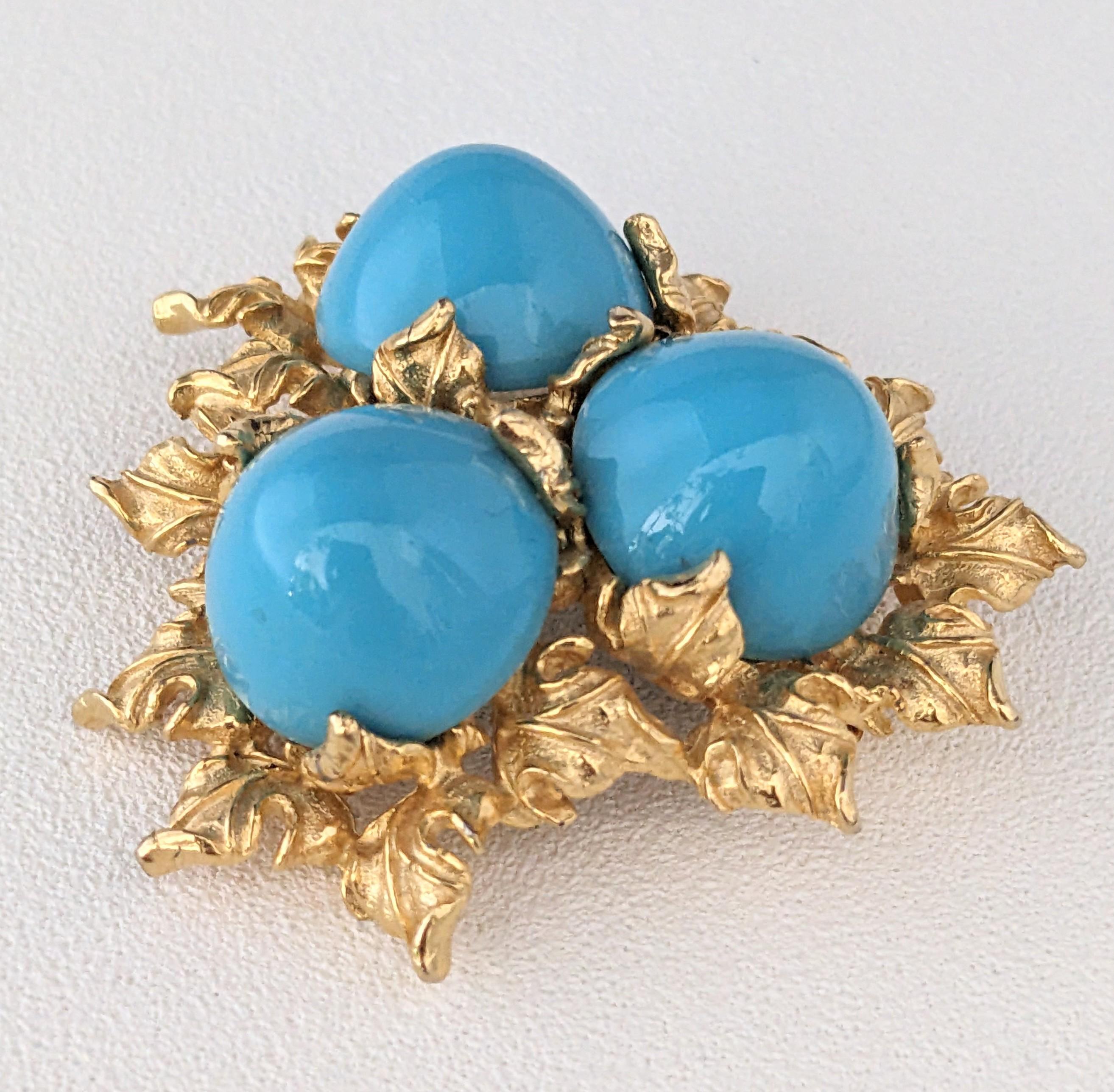 Pauline Rader Broche Foliado Cabujón Turquesa en Excelente estado para la venta en New York, NY
