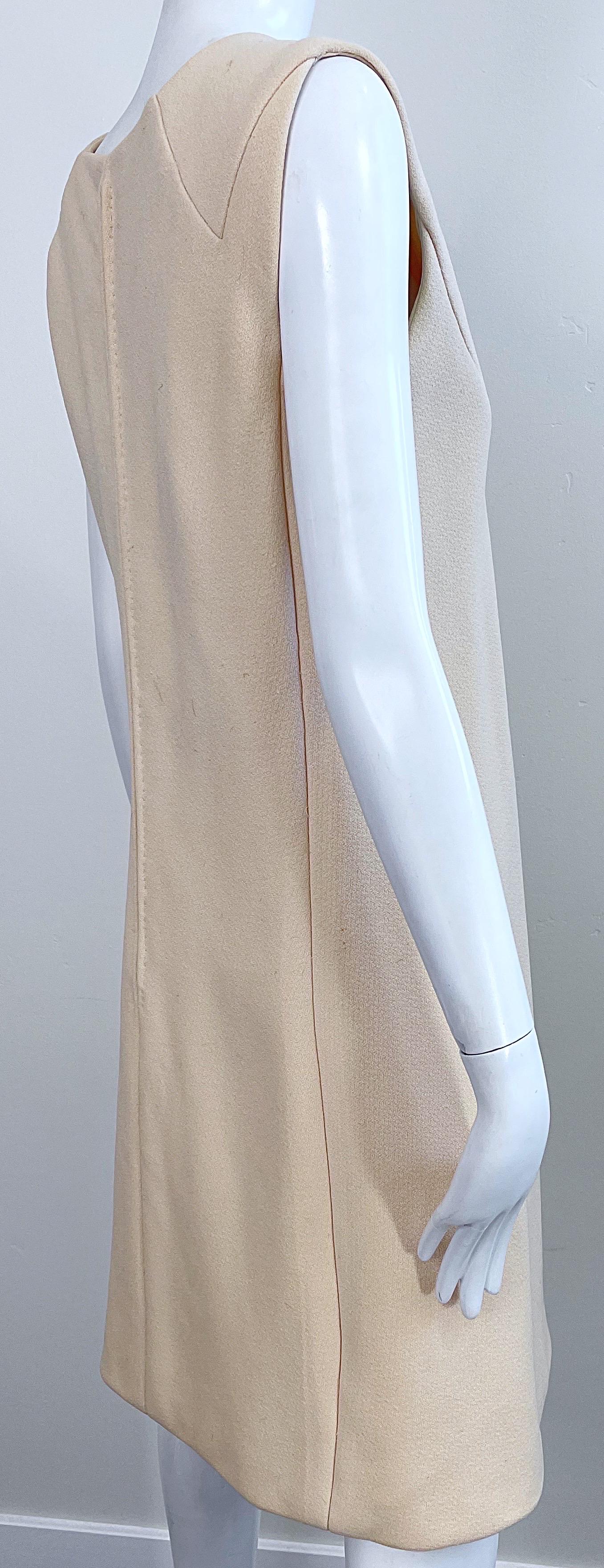 Pauline Trigere 1960s Ivory Off White Sleeveless Vintage Wool A - Line 60s Dress For Sale 8