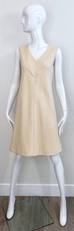 Pauline Trigere 1960s Ivory Off White Sleeveless Vintage Wool A - Line 60s Dress