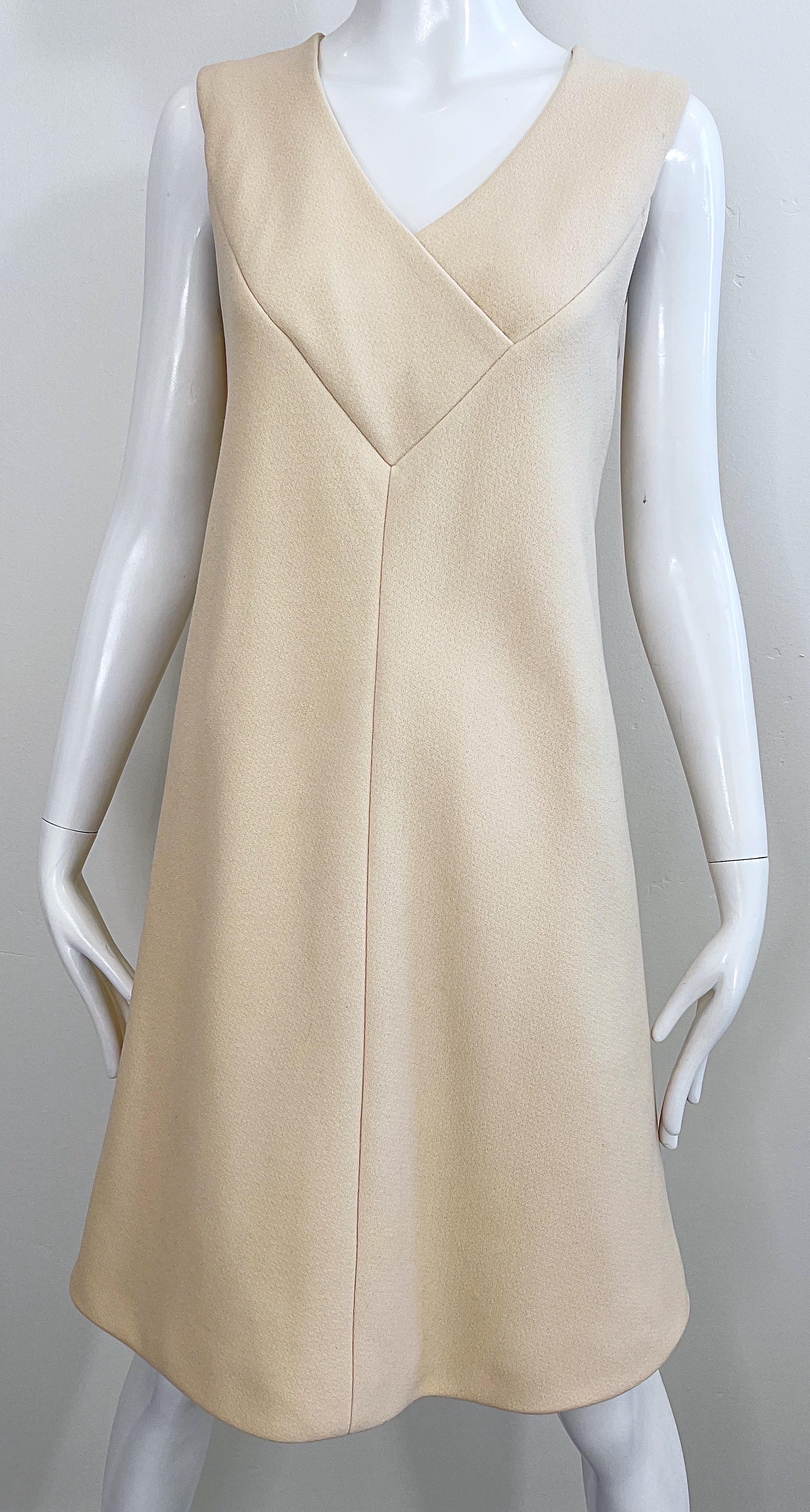 Pauline Trigere 1960s Ivory Off White Sleeveless Vintage Wool A - Line 60s Dress For Sale 1