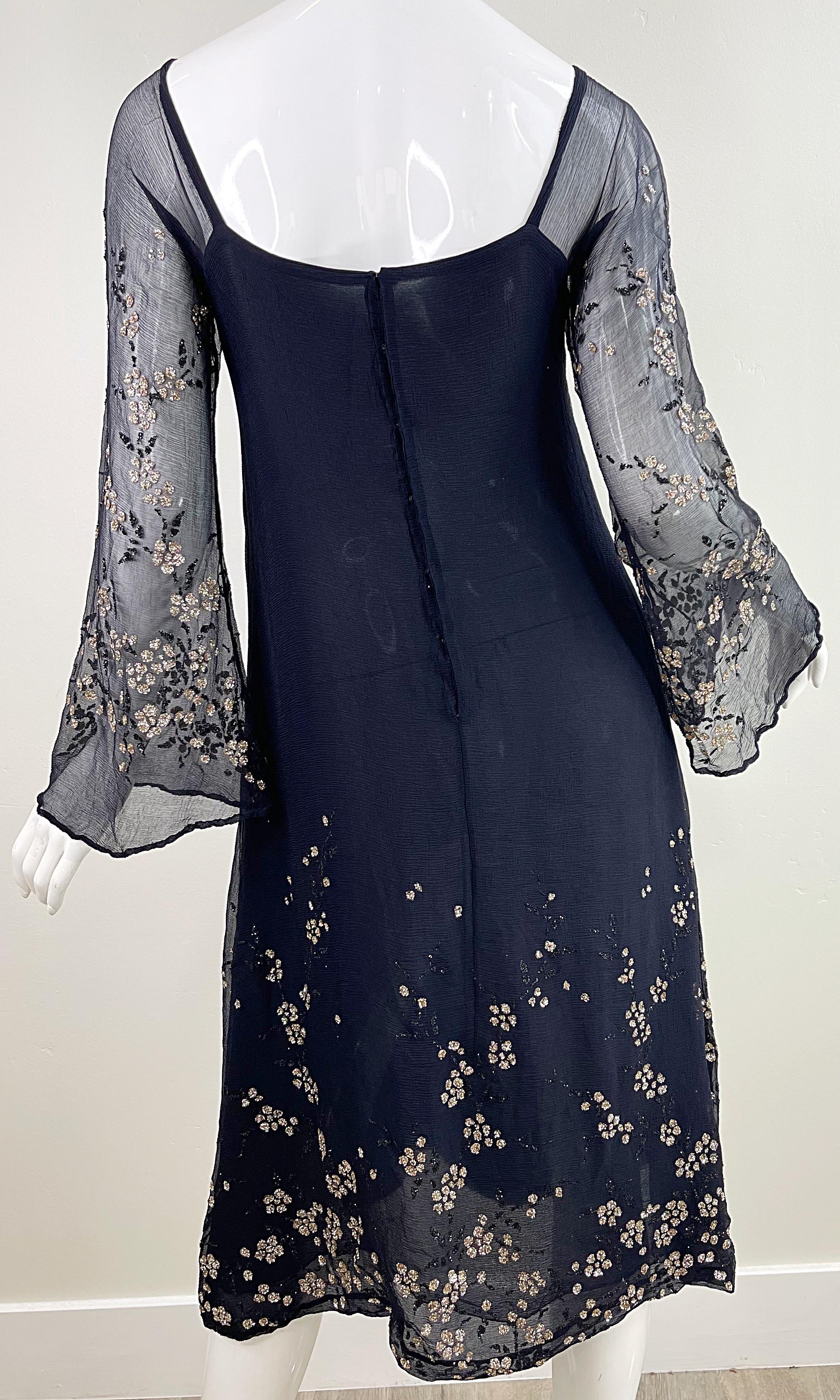 Pauline Trigere 1970s Black Silk Chiffon Glitter Encrusted Bell Sleeve 70s Dress For Sale 6
