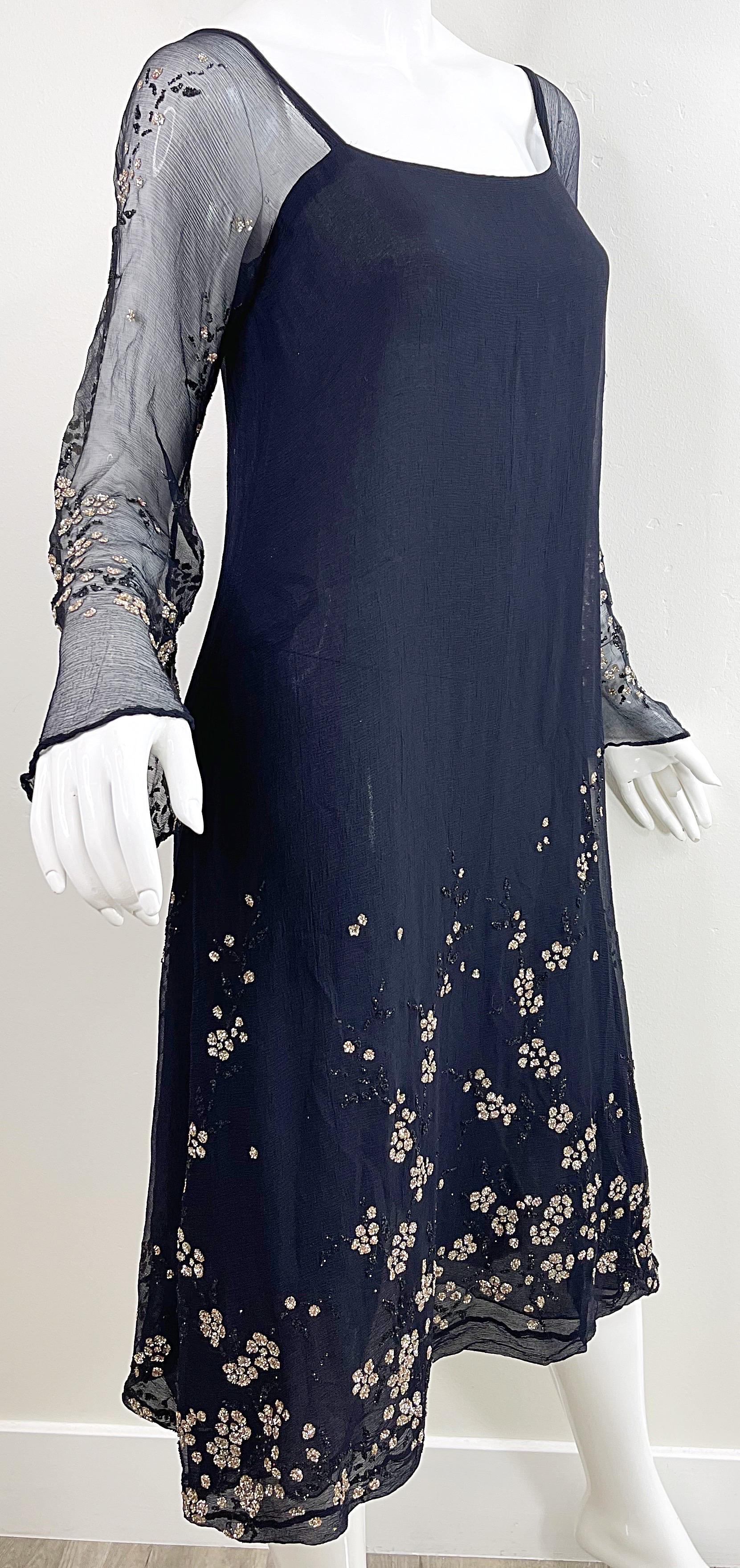 Pauline Trigere 1970s Black Silk Chiffon Glitter Encrusted Bell Sleeve 70s Dress For Sale 8
