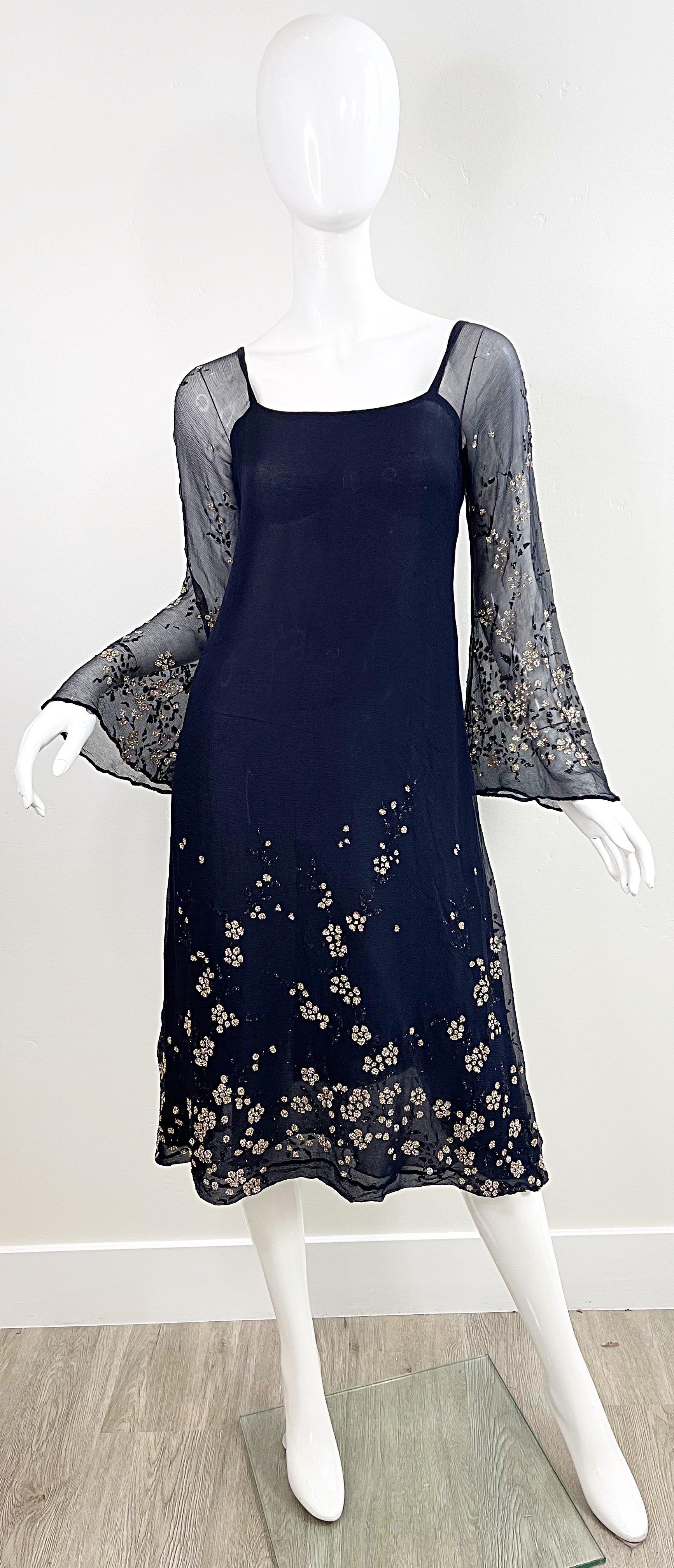 Pauline Trigere 1970s Black Silk Chiffon Glitter Encrusted Bell Sleeve 70s Dress For Sale 10