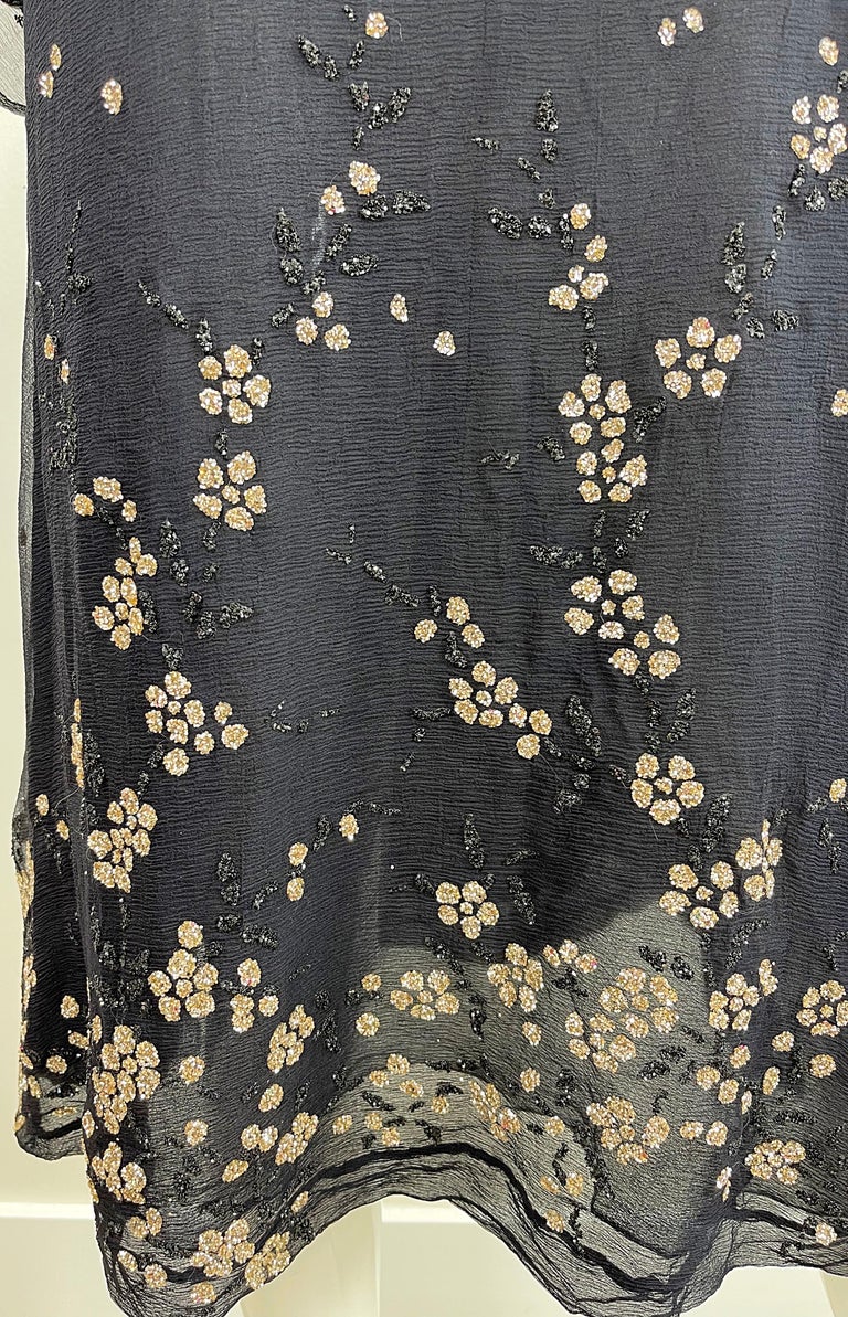 Late 1970s Pauline Trigere Black Silk Chiffon Dress w Silver Fused Glitter Flower Design