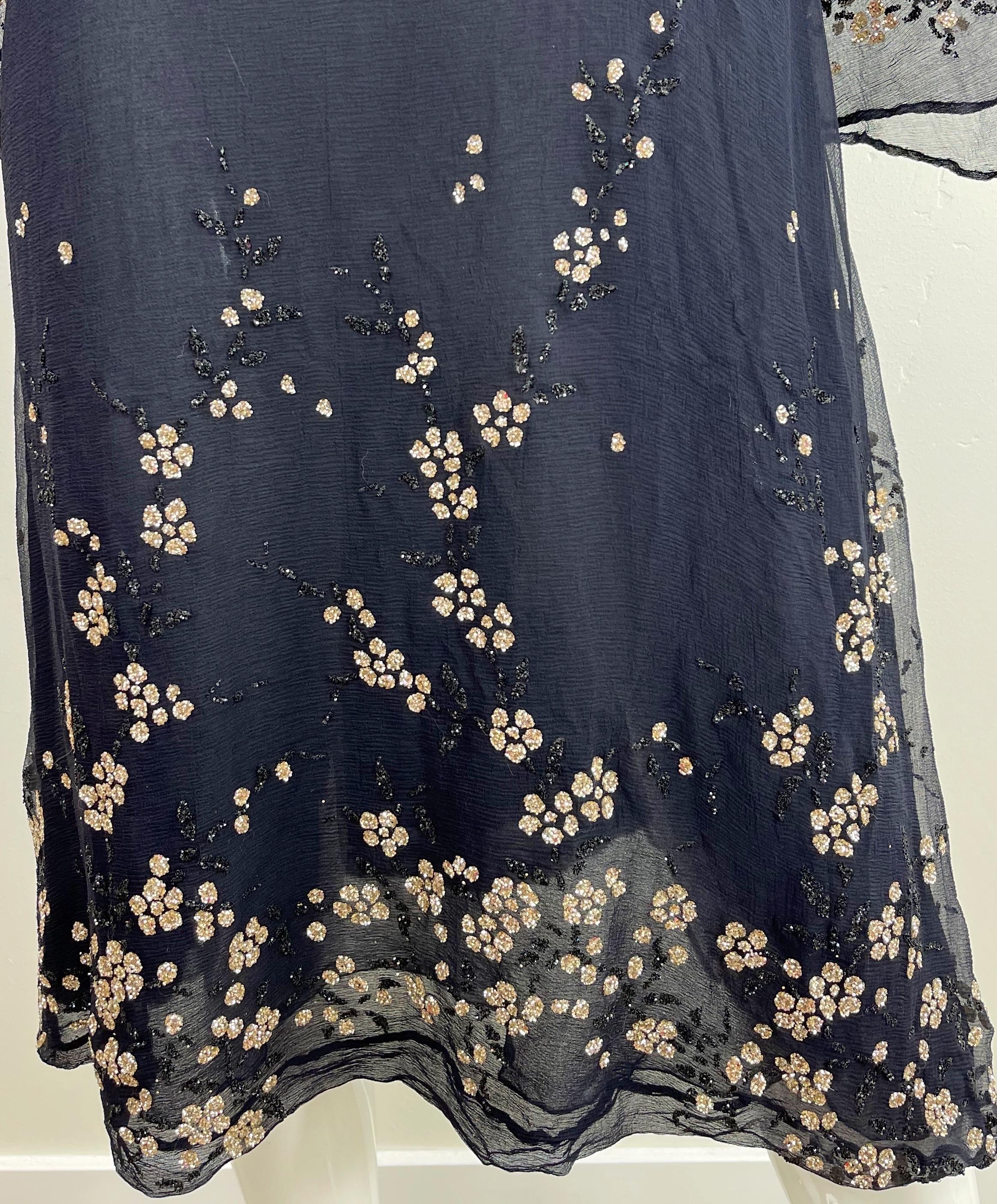 Women's Pauline Trigere 1970s Black Silk Chiffon Glitter Encrusted Bell Sleeve 70s Dress For Sale