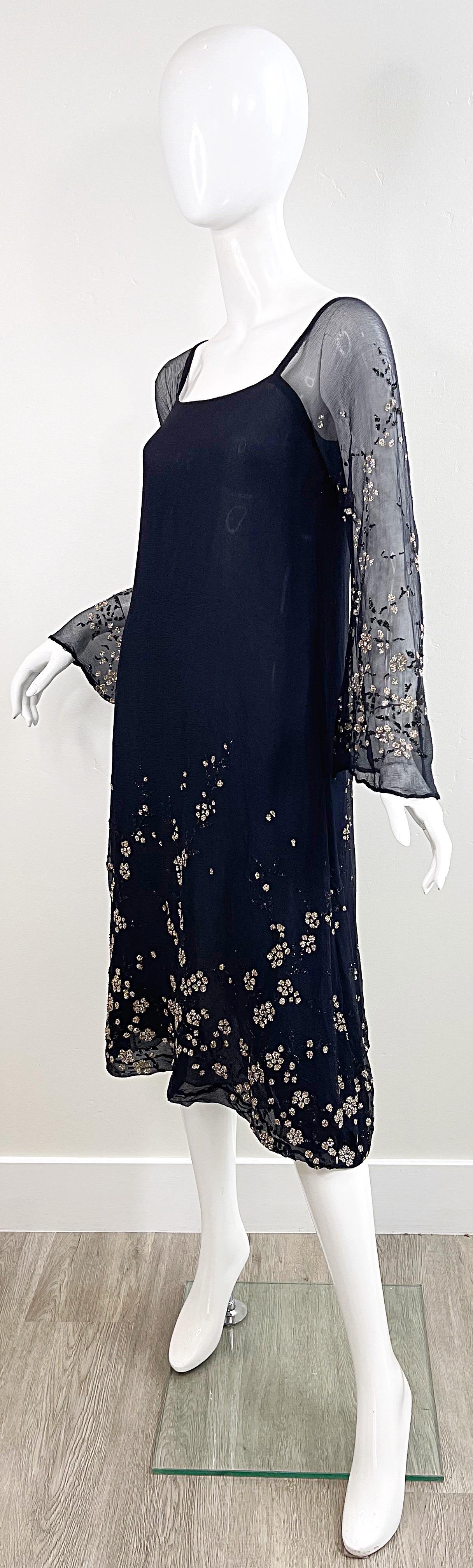 Pauline Trigere 1970s Black Silk Chiffon Glitter Encrusted Bell Sleeve 70s Dress For Sale 5