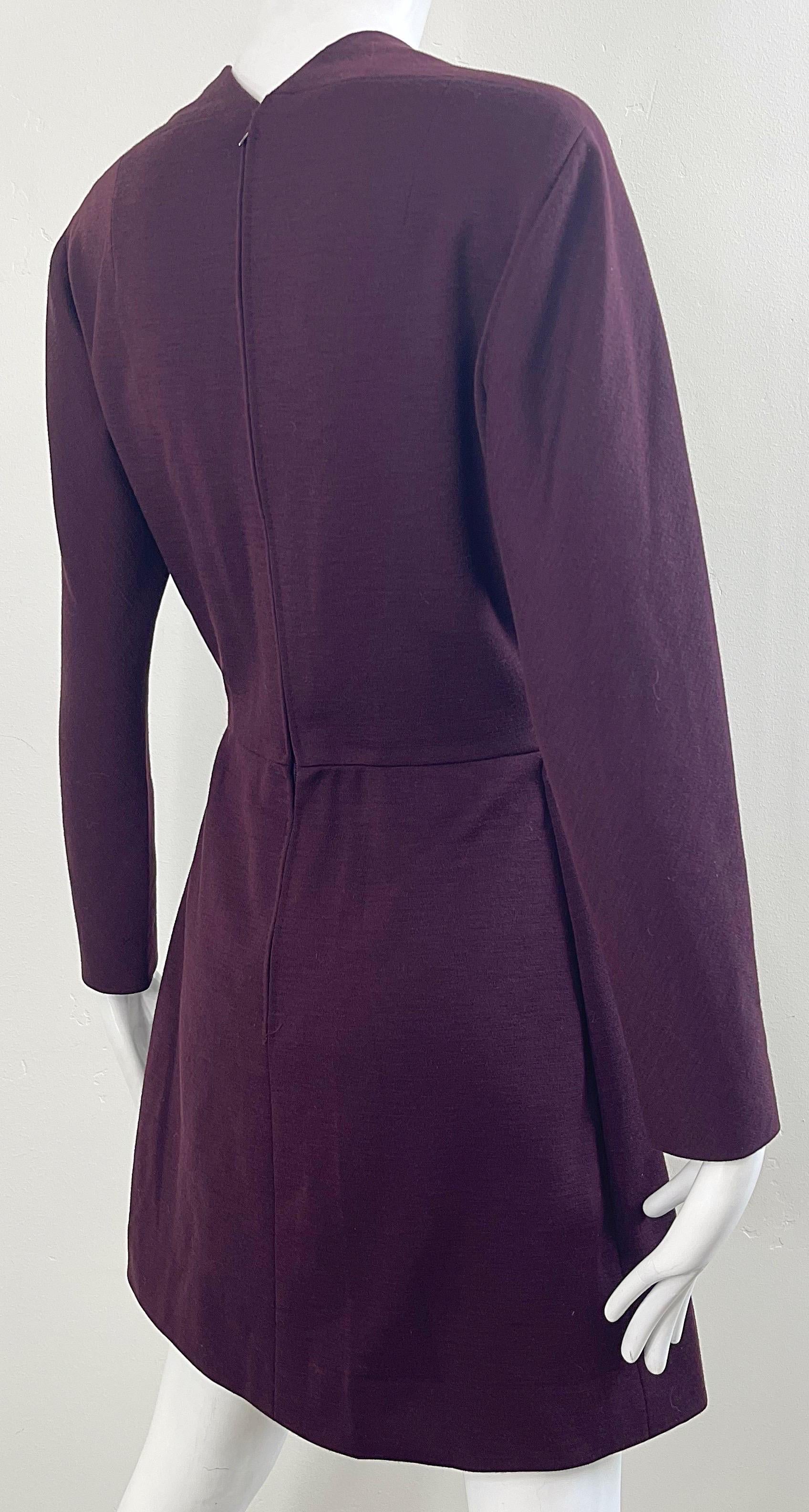 Pauline Trigere 1970s Burgundy Maroon Wool Long Sleeve Vintage 70s Mini Dress For Sale 5