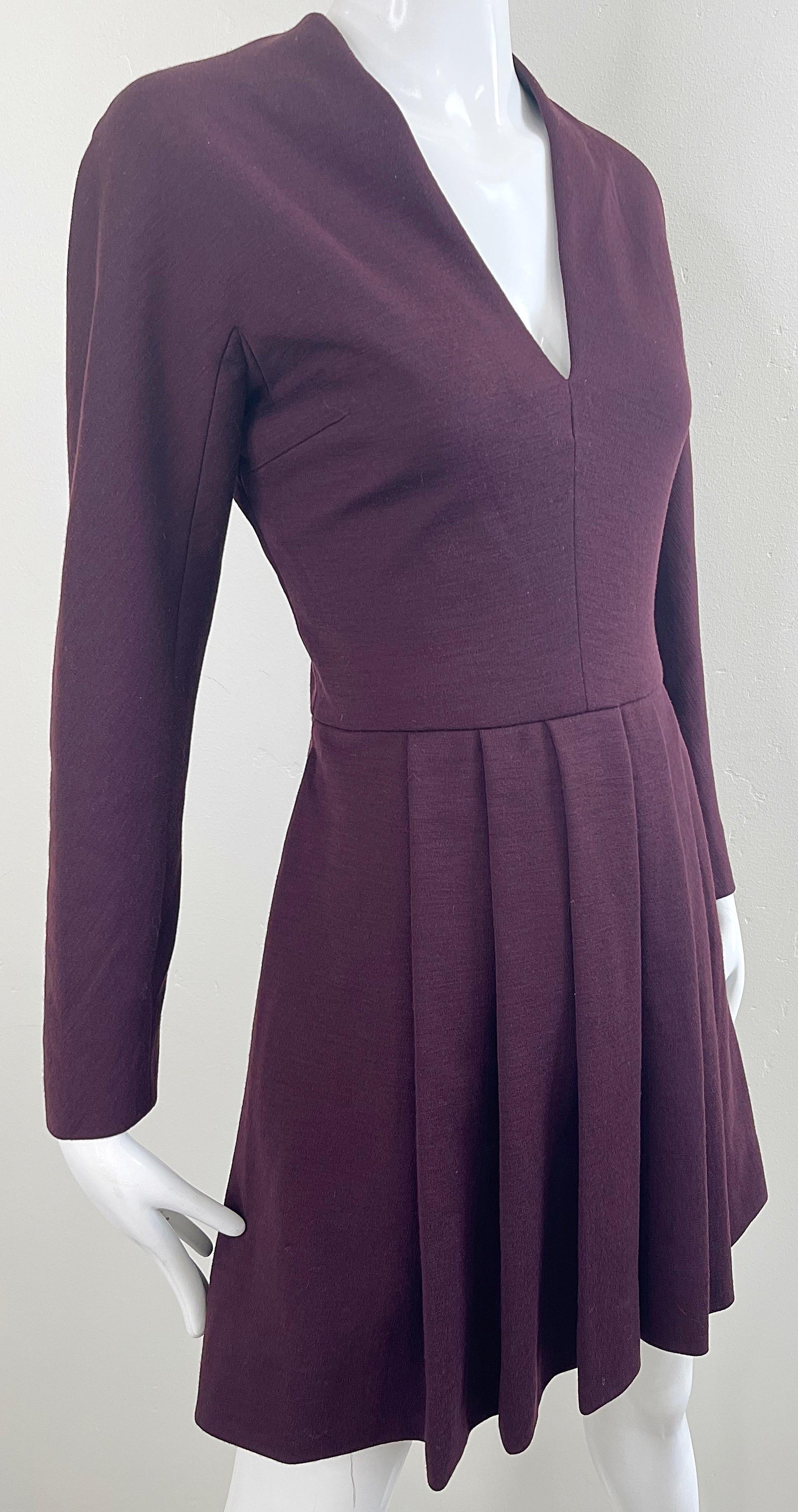 Pauline Trigere 1970s Burgundy Maroon Wool Long Sleeve Vintage 70s Mini Dress For Sale 6