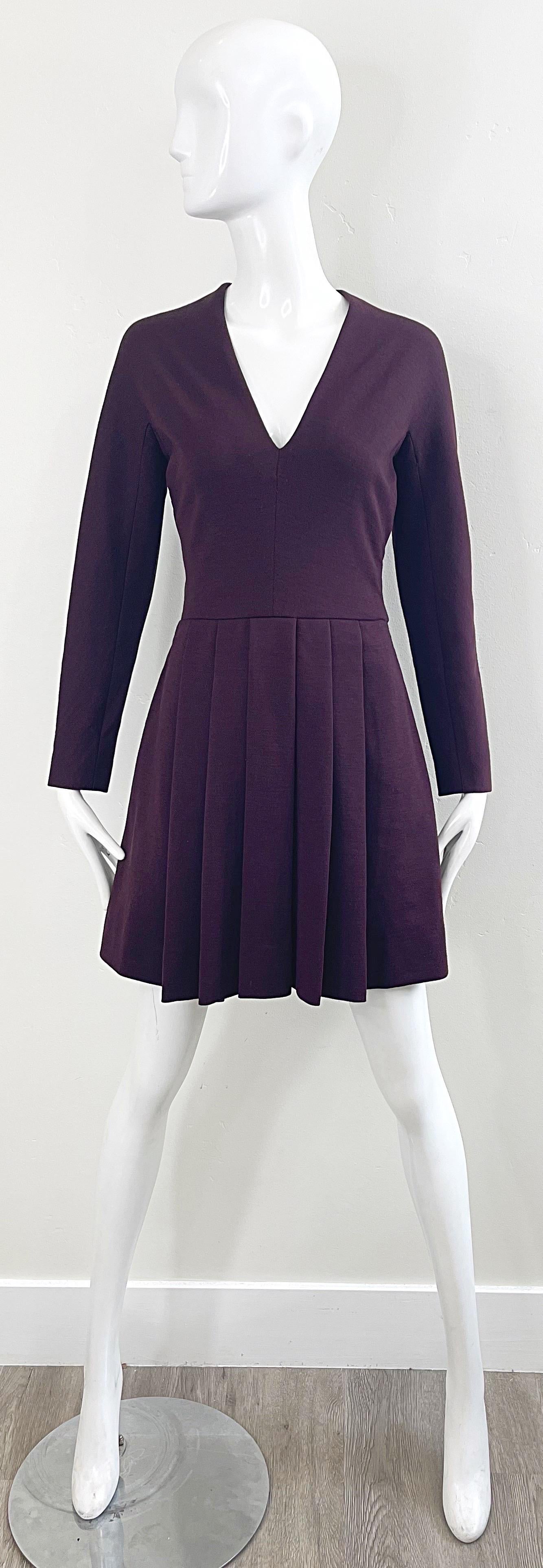 Pauline Trigere 1970s Burgundy Maroon Wool Long Sleeve Vintage 70s Mini Dress For Sale 8