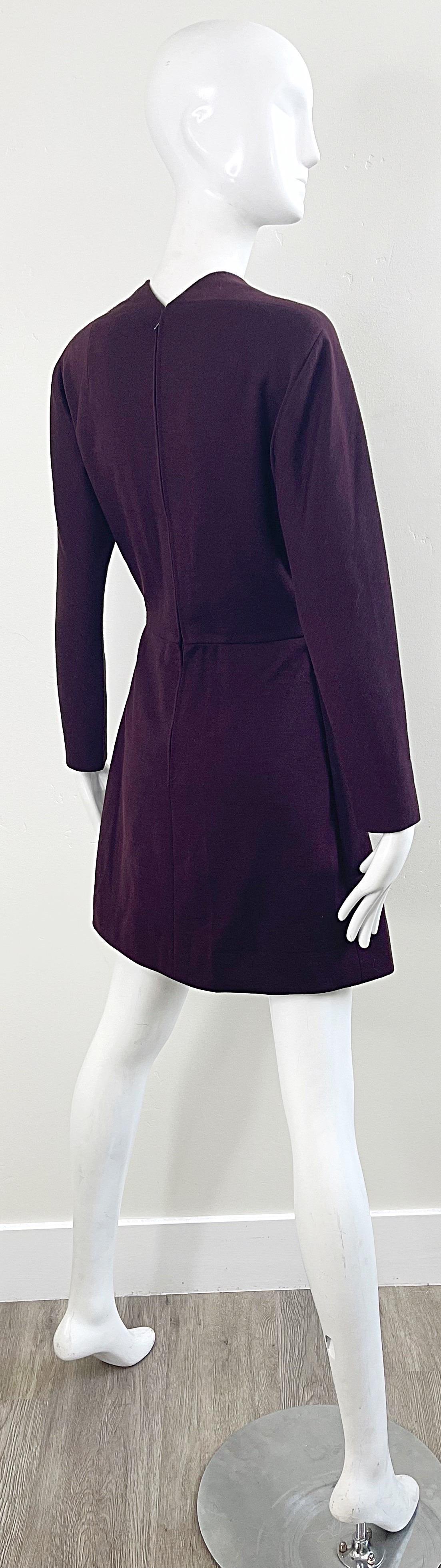 Women's Pauline Trigere 1970s Burgundy Maroon Wool Long Sleeve Vintage 70s Mini Dress For Sale