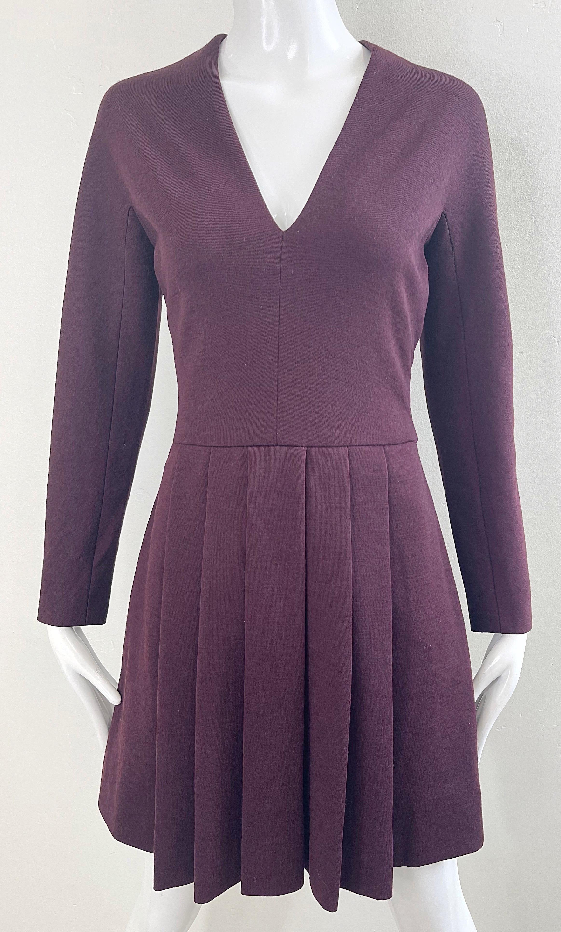 Pauline Trigere 1970s Burgundy Maroon Wool Long Sleeve Vintage 70s Mini Dress For Sale 1