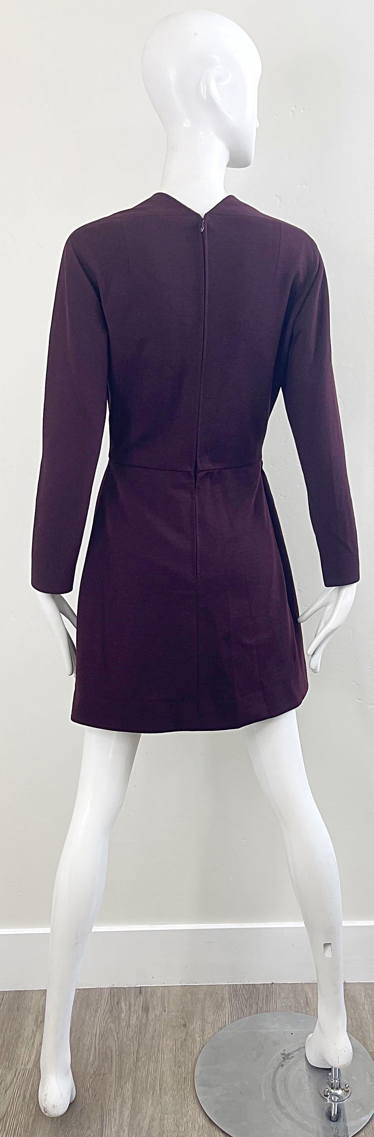 Pauline Trigere 1970s Burgundy Maroon Wool Long Sleeve Vintage 70s Mini Dress For Sale 2