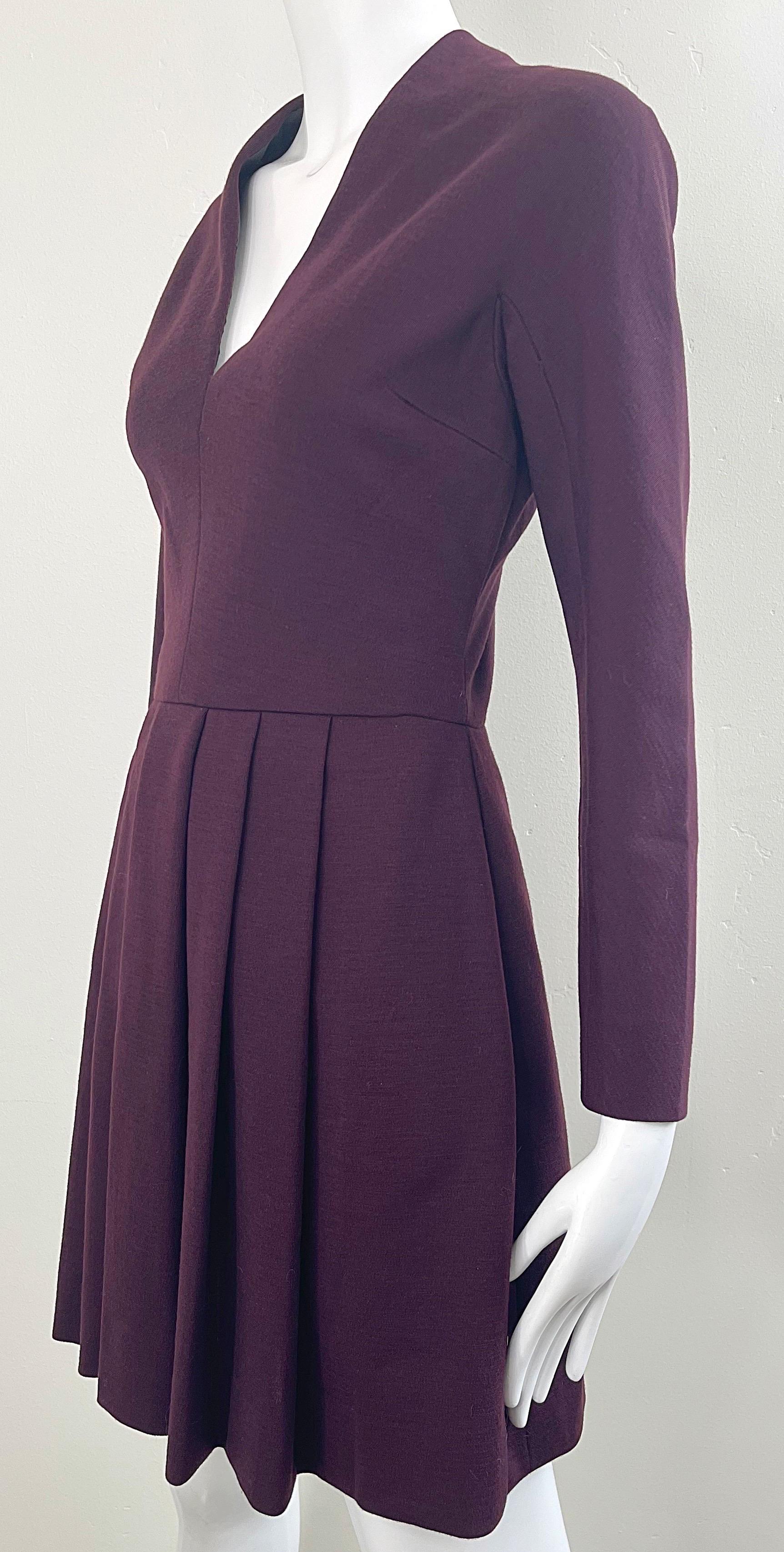 Pauline Trigere 1970s Burgundy Maroon Wool Long Sleeve Vintage 70s Mini Dress For Sale 4