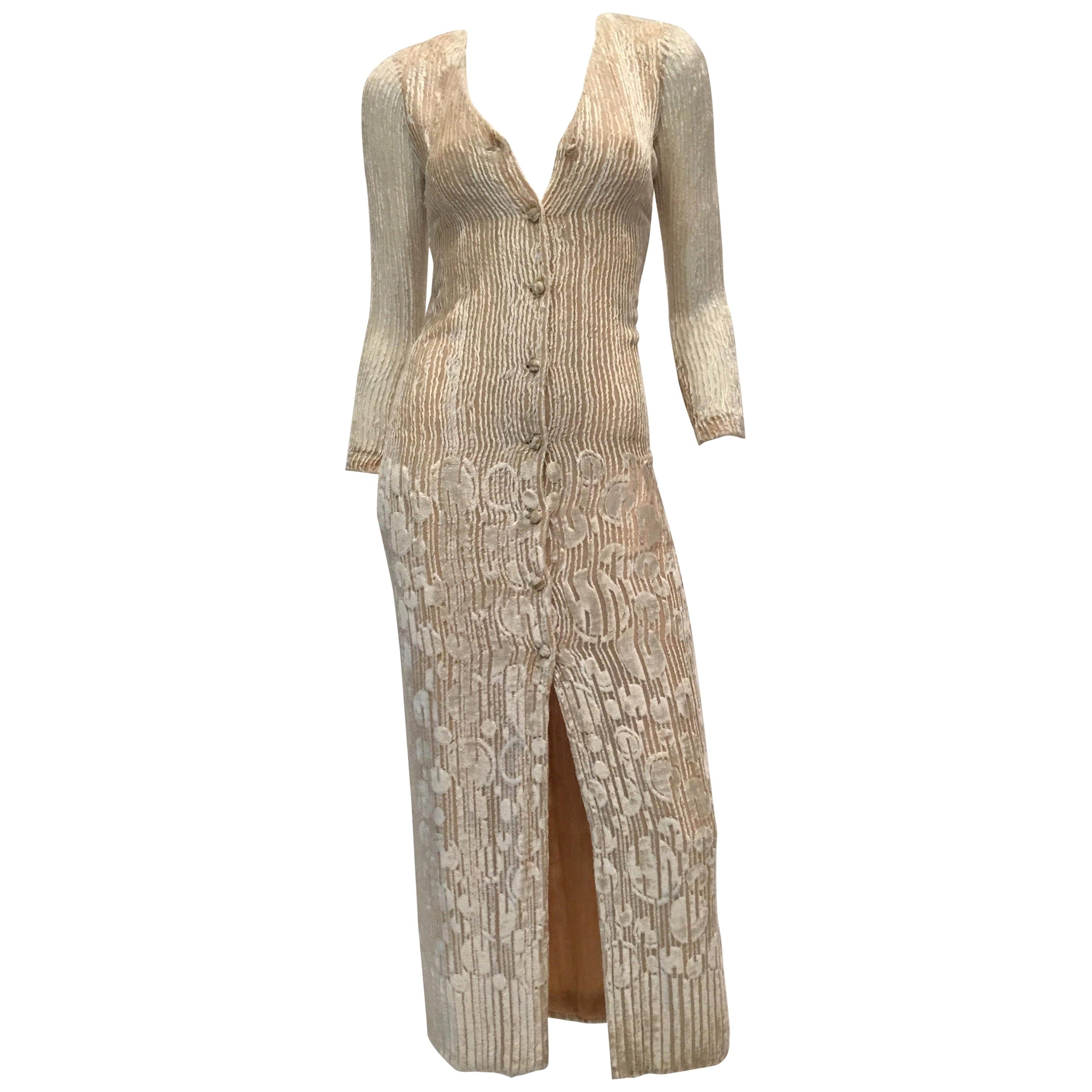 Pauline Trigere 1970's Ivory Velvet Long Dress For Sale